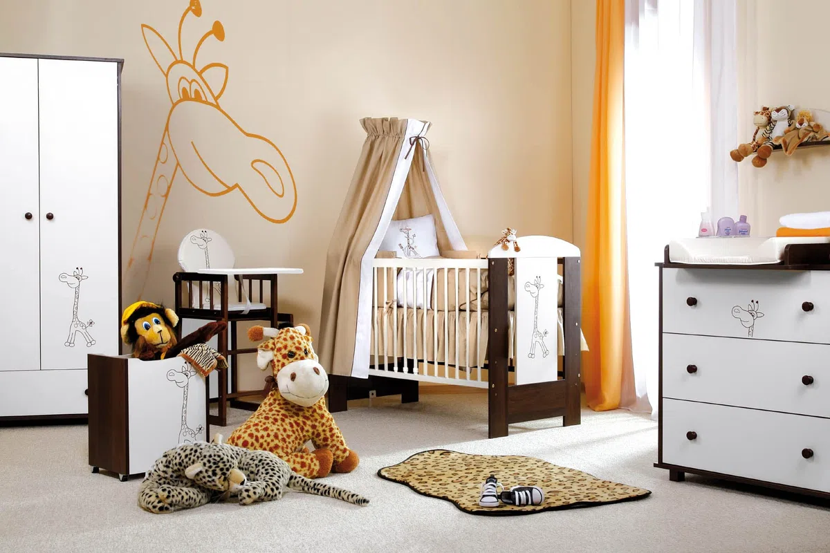 Safari Giraffe Weißes Möbel Set für EIN Kinderbett Kommode Kleiderschrank Kommode Auflage Minimalistischer Stil Holz MDF-Platte Kiefernholz Universal-Set