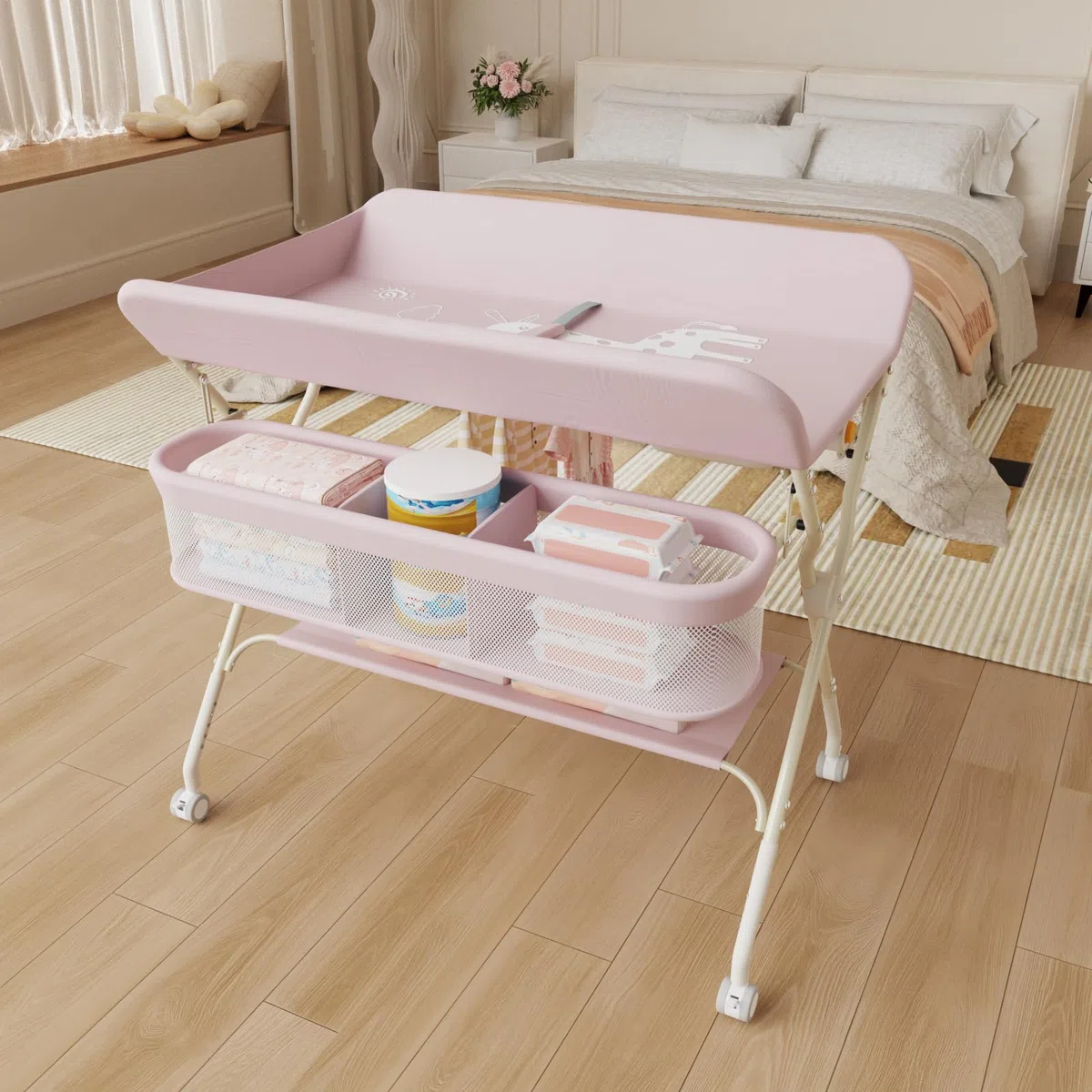 Mobiler Wickeltisch, Wickelkommode, faltbar, mit Aufbewahrungskorb, Wickeltisch für Neugeborene und Kleinkinder, 5 verstellbare Höhen, Höhe 62 – 90 cm, Rosa