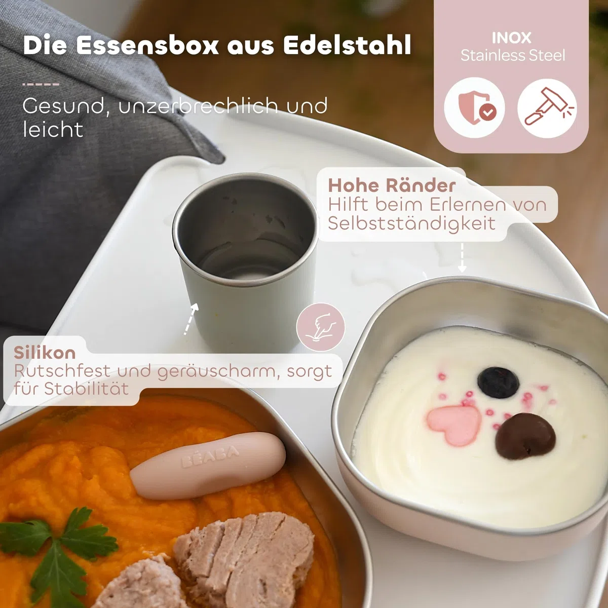 BÉABA Baby-Essensset Edelstahl 3-teilig – Glas + 2 Teller mit Silikonhülle, Mikrowellen- & Spülmaschinengeeignet, Leicht, Bruchsicher & Rutschfest – Farbe Barbapapa
