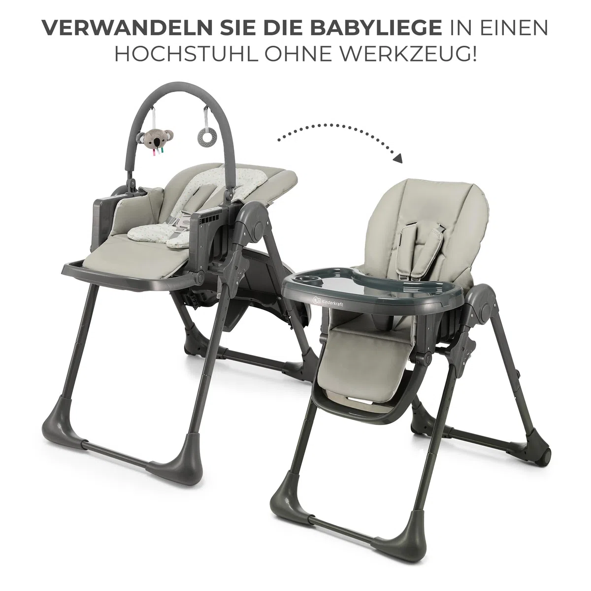 Kinderkraft TUMMIE Hochstuhl 2 in 1, Kinderhochstuhl, Babystuhl, Kombihochstuhl, Grau