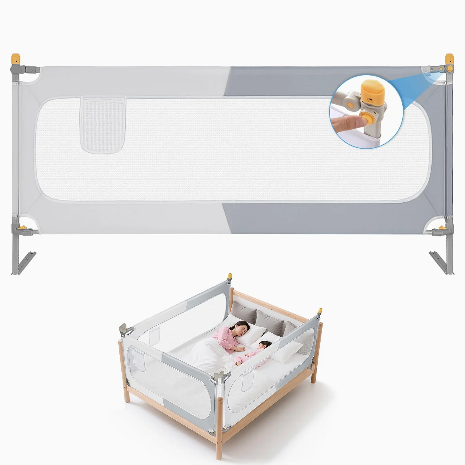 OUUTMEE 200cm Bettschutzgitter Bett Rausfallschutz Kinder Klappbar Rausfallschutz 30 Fach Höhenverstellbar Bettgitter,Grau-Weißes Farbblockmuster