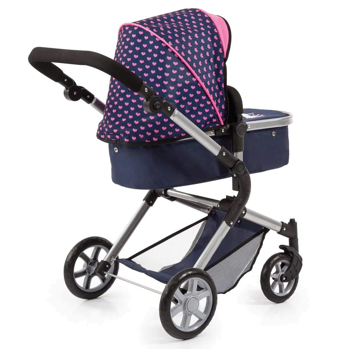 Bayer Design 18154AA City Neo Puppenwagen mit Wickeltasche und Einkaufskorb / umwandelbar in einen Sportwagen / höhenverstellbar / Design: Herzchen, Einhorn / dunkelblau, pink | wandelbar als Puppenjogger, verstellbarer Griff, schwenkbare Vorderräder, int