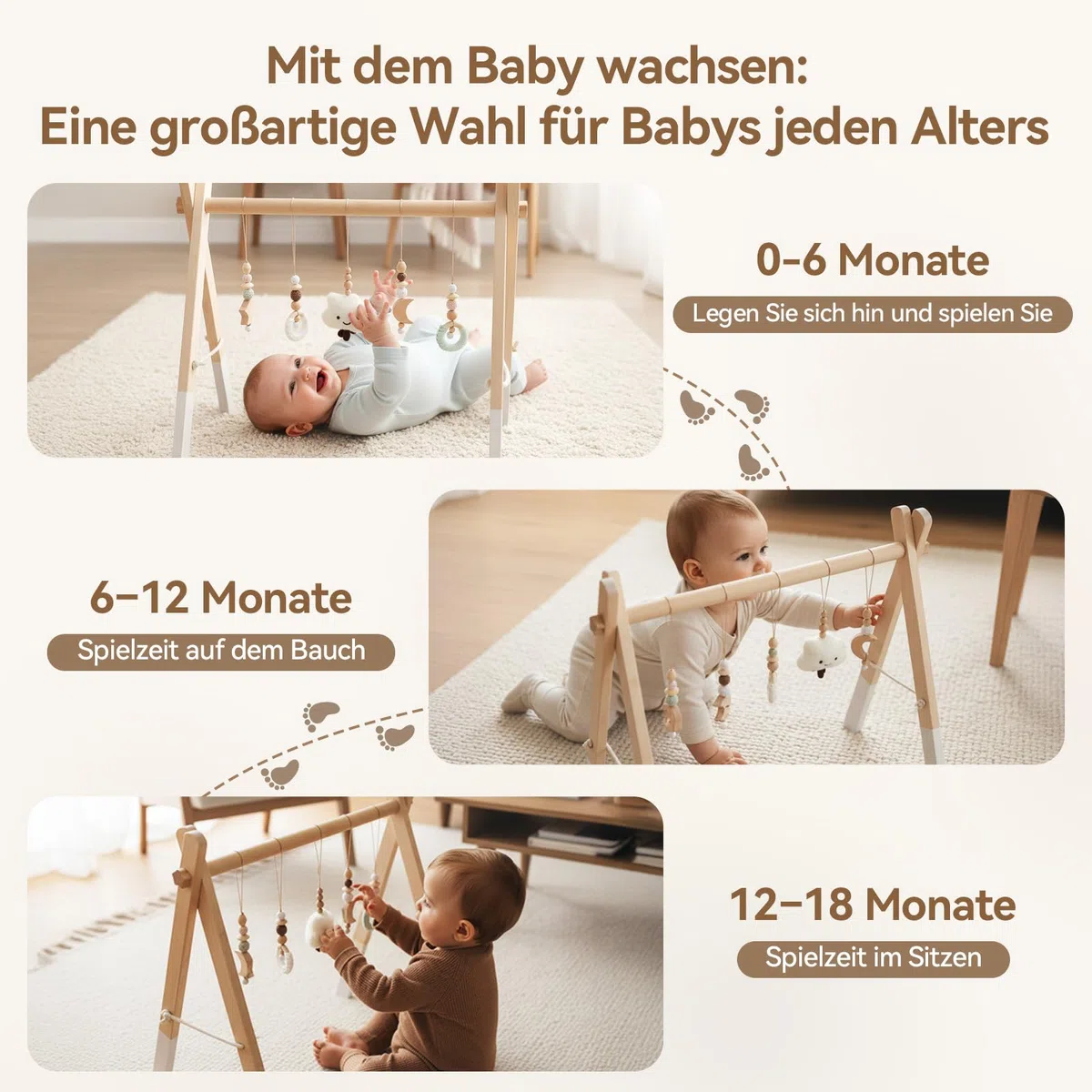 let's make Spielbogen Baby Holz- Montessori Spielbogen mit 5 abnehmbaren Sensorischen Spielzeugen, Faltbar Baby Gym Activity Center, Neugeborenes Geschenk für 0-18 Monate (Style B)