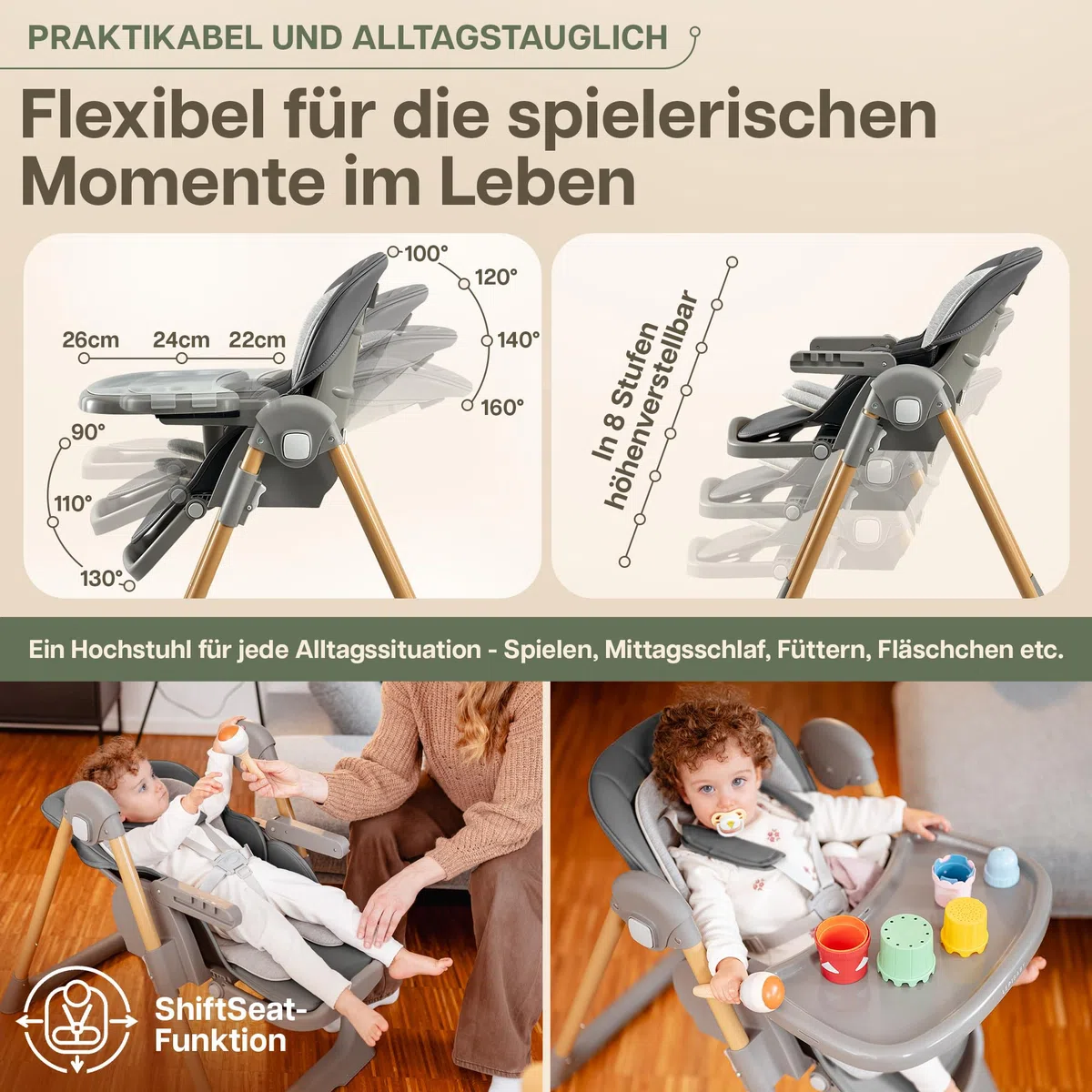 FlexiCo Hochstuhl Baby mit Liegefunktion & Neugeborenenaufsatz, Klappbar & Höhenverstellbar, Grau