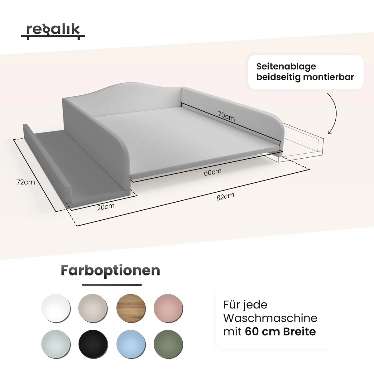 Wickelaufsatz für Waschmaschine – Wickelauflage 60x70 cm – Laminierte Holzplatte – Kaschmir – 82x72x10 cm – Sicherer & Platzsparender Wickeltischaufsatz