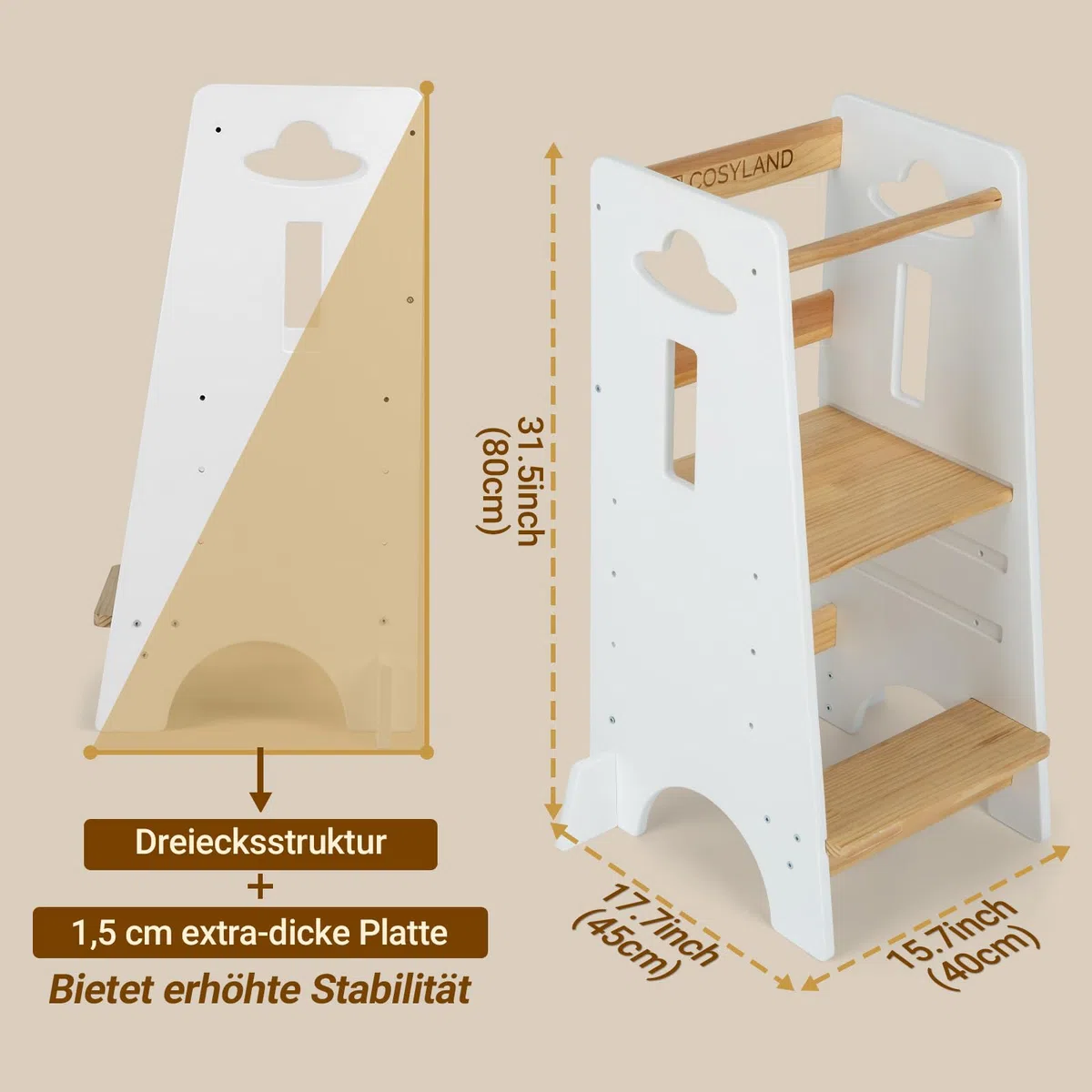 COSYLAND Lernturm ab 1 Jahr - Höhenverstellbarer Learning Tower für Kinder (3-stufig) - Montessori mit Kippschutz & Massivholz (Weiß und Holz)