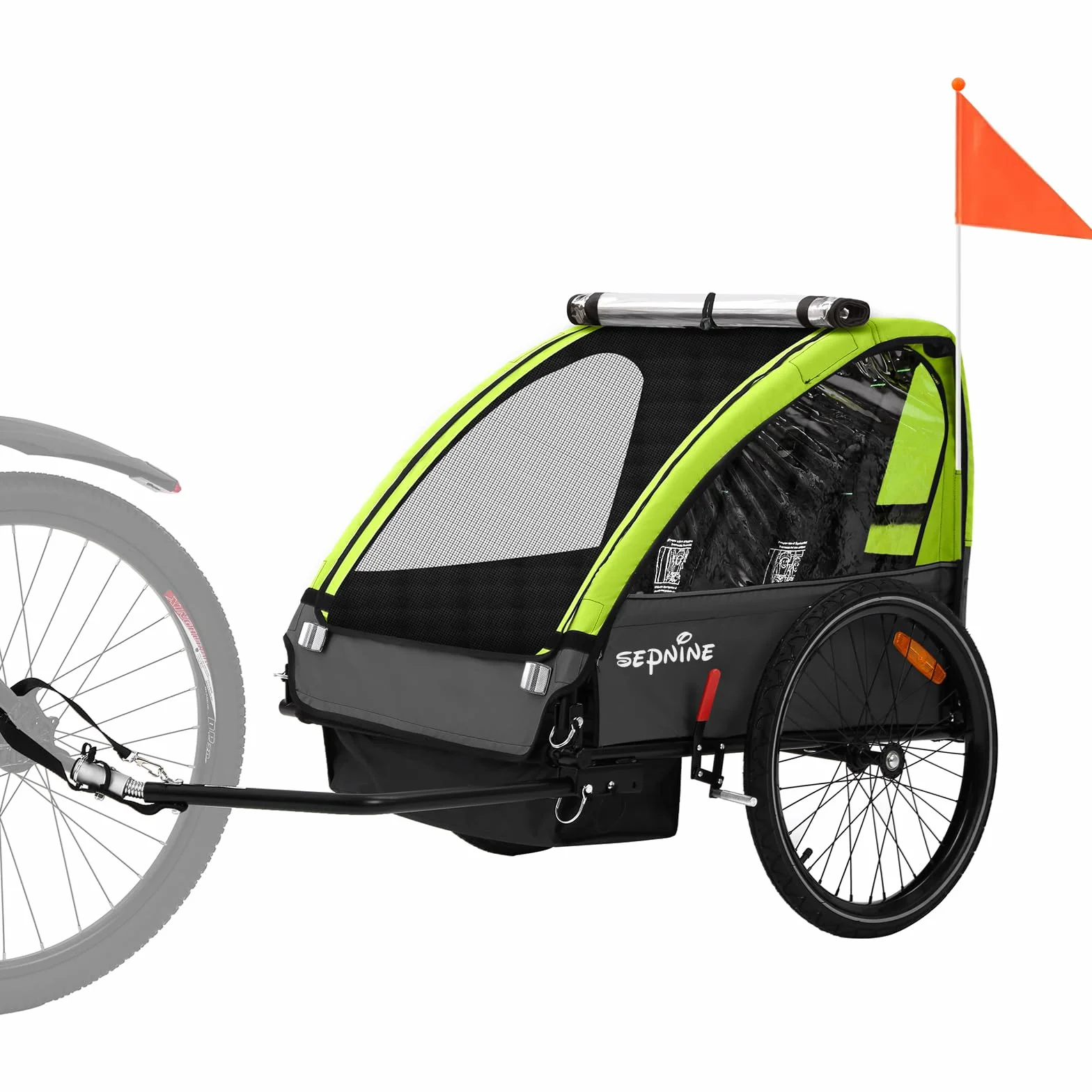 SEPNINE Kinderanhänger für Fahrrad, Fahrradanhänger für 1-2 Kinder, mit 5-Punkt-Sicherheitsgurt, Luftreifen, Handbremse, Faltbar, Max. 40 kg (Grün)