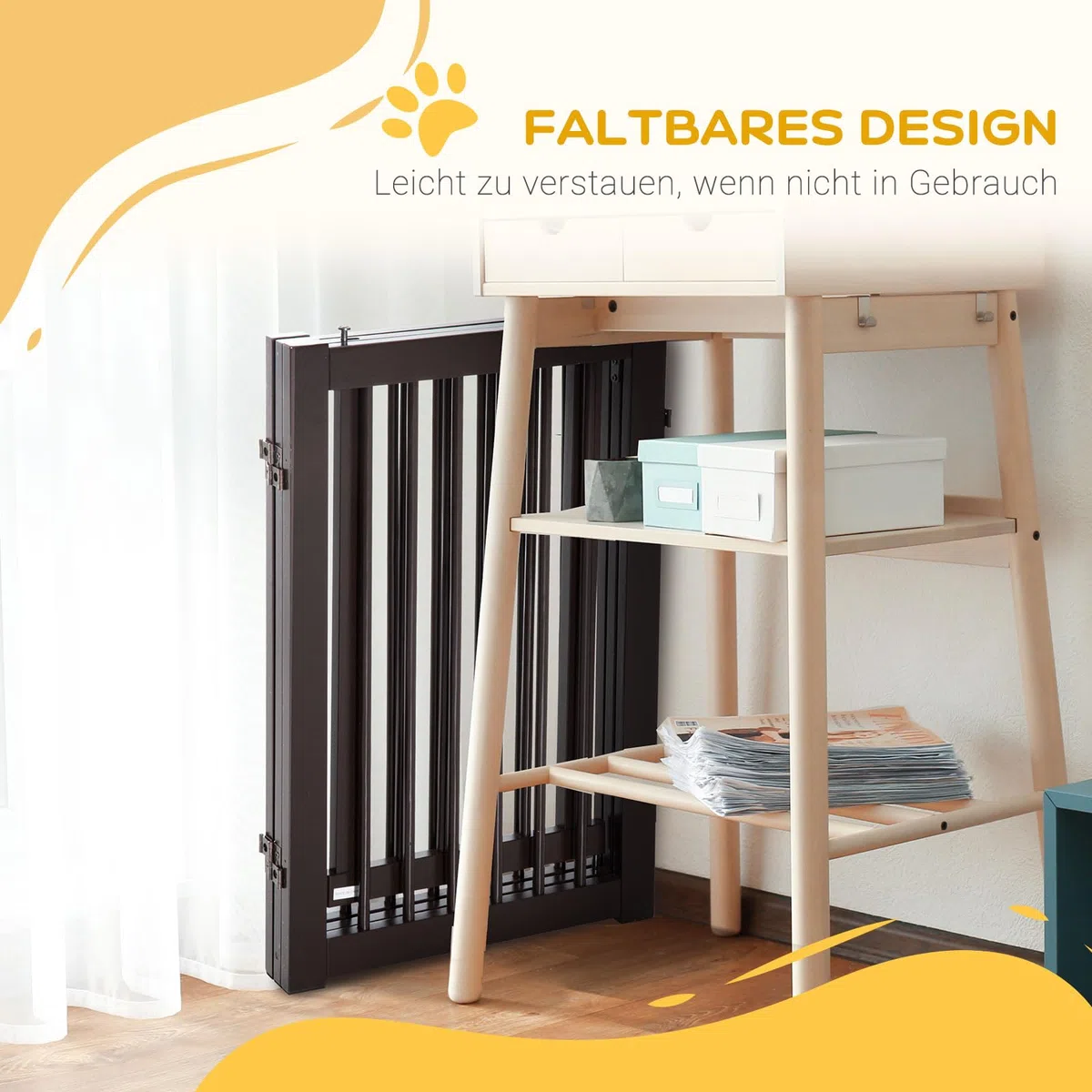 PawHut Absperrgitter Hund Freistehend Verstellbar 155 x 76 cm Dunkelbraun | Schutzgitter mit Füßen, Holz Hundegitter, Klappbar, Treppenschutzgitter, für Treppen Türen Küche Flur, 3 Paneelen