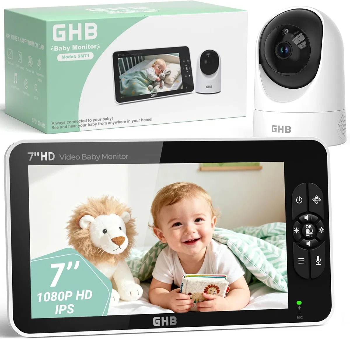 GHB Babyphone mit Kamera 7 Zoll 1080P IPS Display 168 Stunden Akkulaufzeit im VOX Modus 4X Zoom Max. 4 Kameras unterstützt Gegensprechen