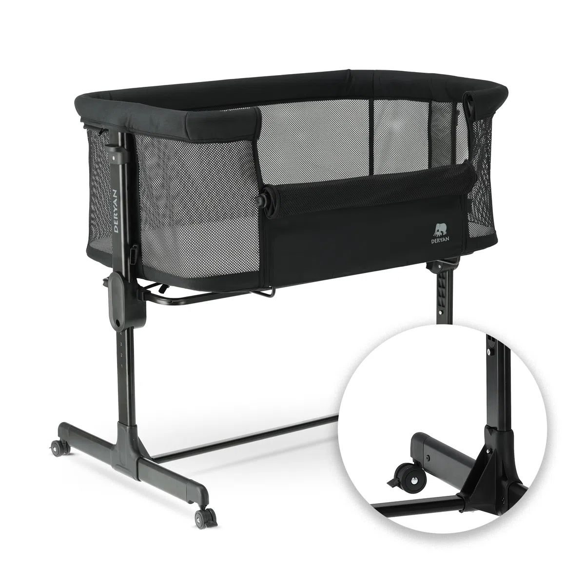 Deryan Snoozy Co-Sleeper 3 in 1 Babybett bis 9 kg, Beistellbett, Wiege, Höhenverstellug und Einstellung der Neigung der Matratze, 4 Räder mit Bremse Ergonomische Matratze Tasche (Schwarz)