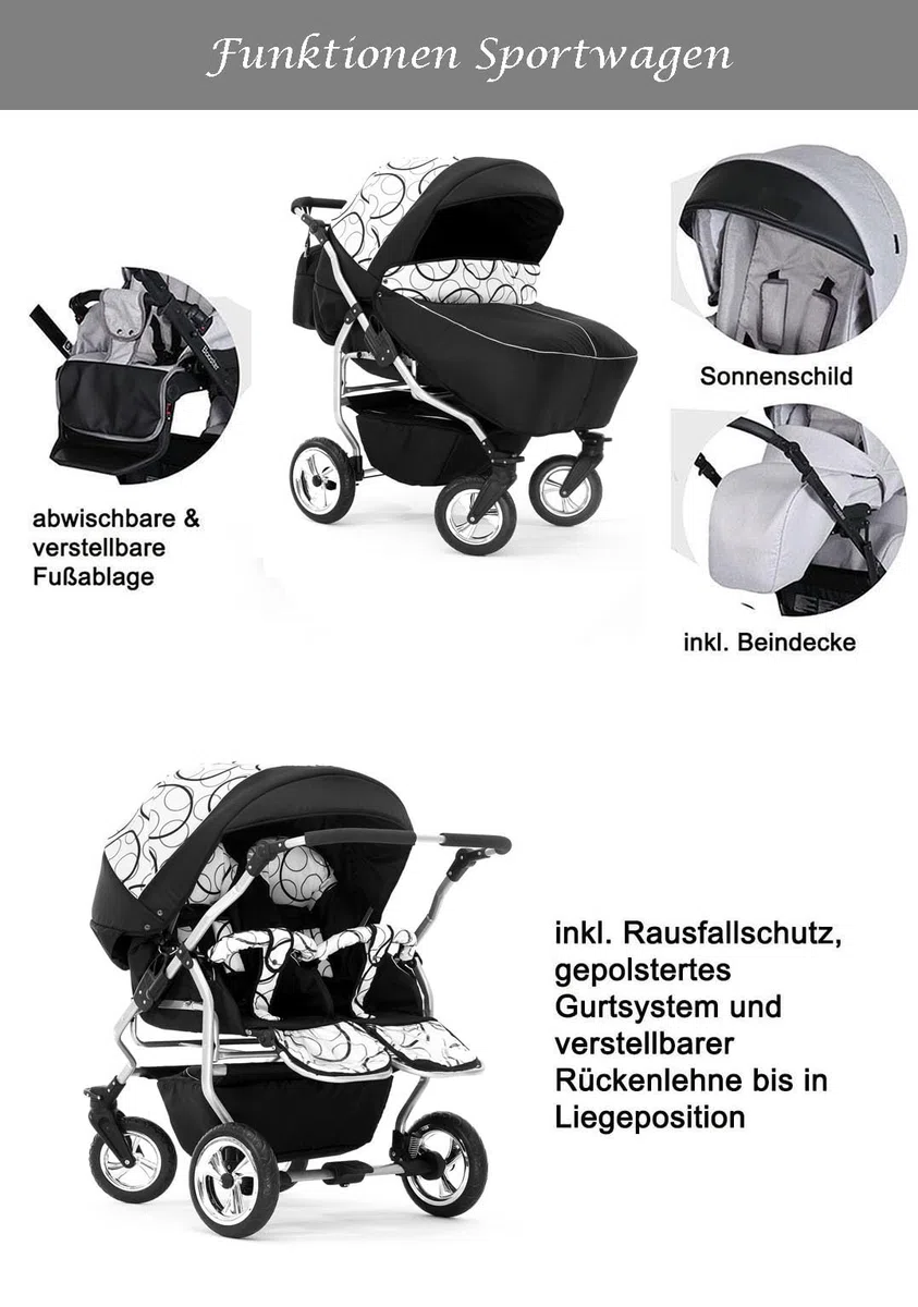 Zwillingskinderwagen 2 in 1 Duo Twin inkl. Sportsitze - 11 Teile - in 20 Farben