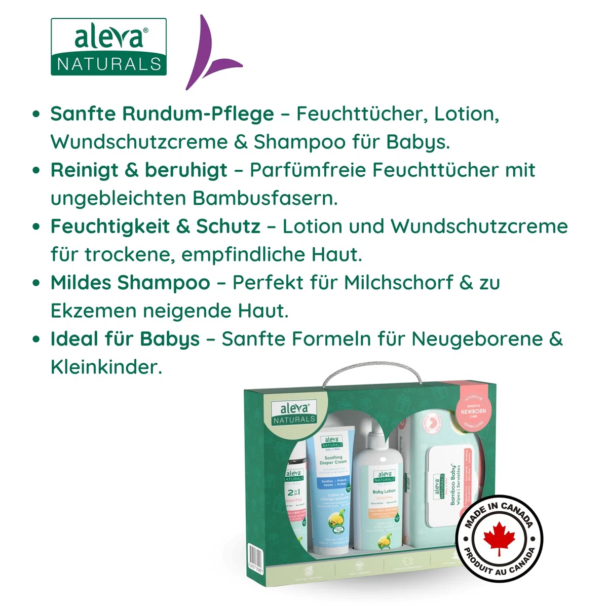 Aleva Naturals Newborn Baby Set – 100% natürliche Pflege für die empfindliche Haut Ihres Babys, hypoallergen, ohne Parabene & Sulfate, enthält Shampoo, Lotion, Windelcreme & Feuchttücher