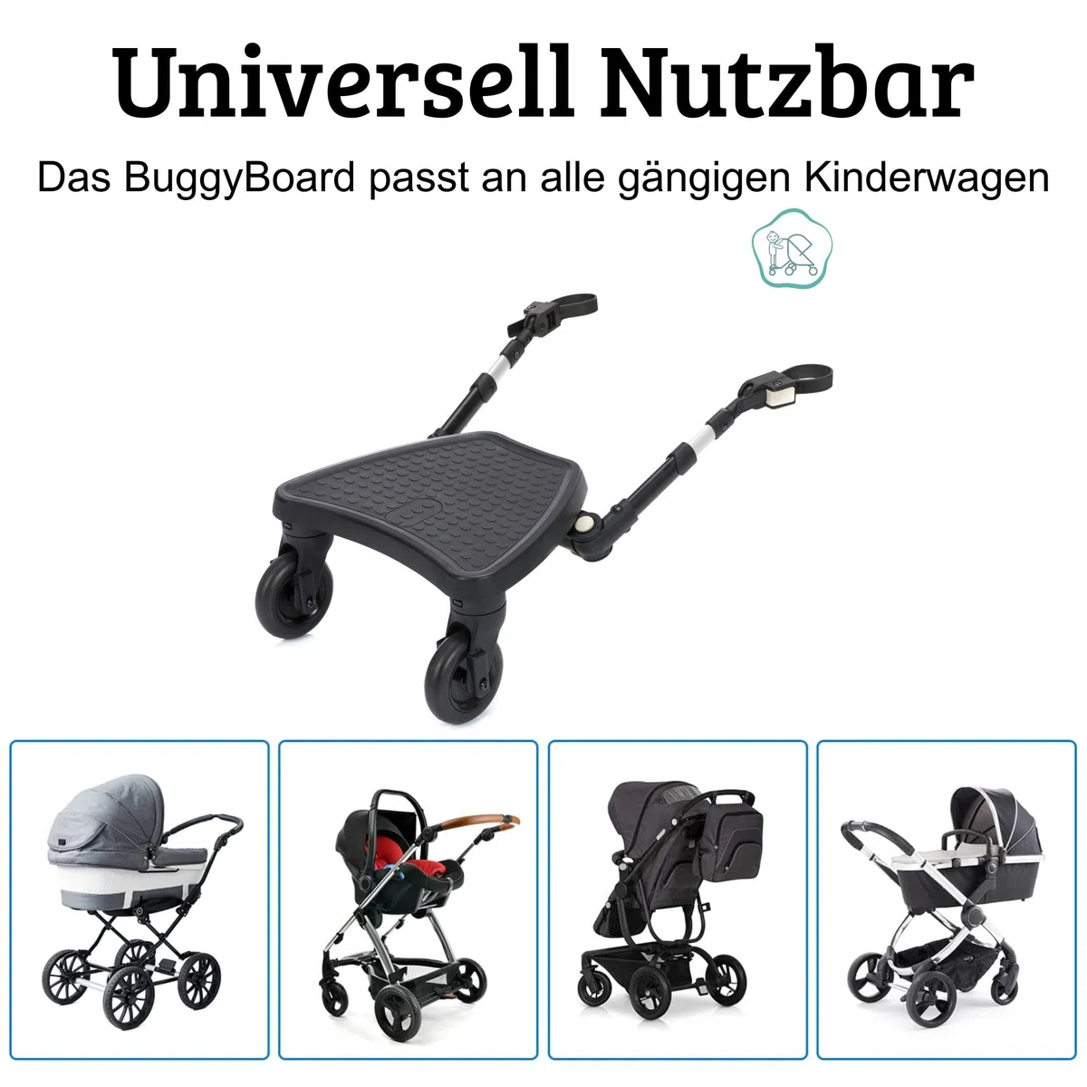 Fillikid FlexiRide Exklusiv Mitfahrbrett mit Sitz | Universal Kinderwagen Board mit Abnehmbarem Sitz | Rutschfestes Buggy Board mit Federung | Verstellbar & Klappbar | bis 22kg