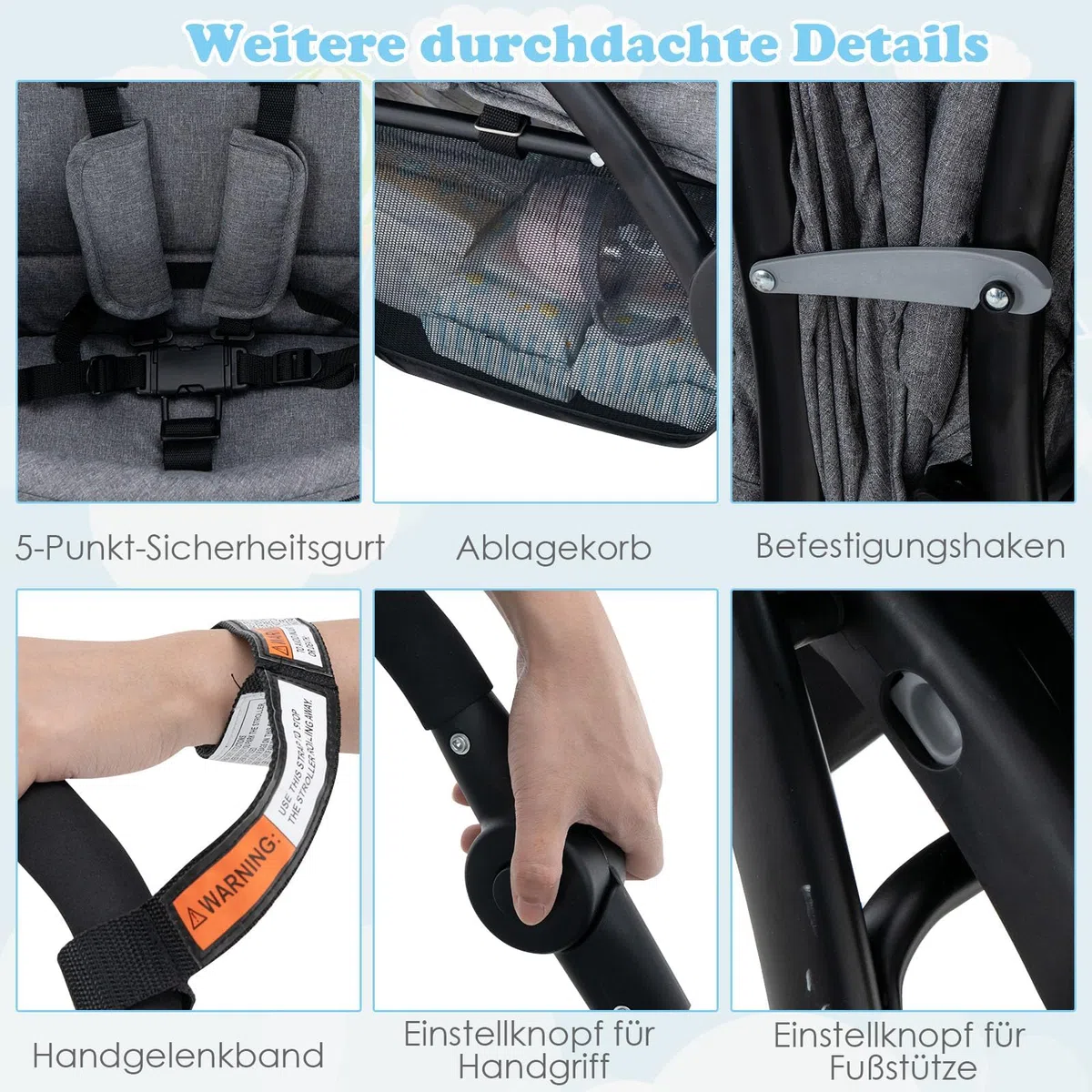 FANTASK Geschwisterwagen klappbar Zwillingswagen verstellbare Rückenlehne Verdeck Baby ab 6 Monate 30 kg Belastbar Grau