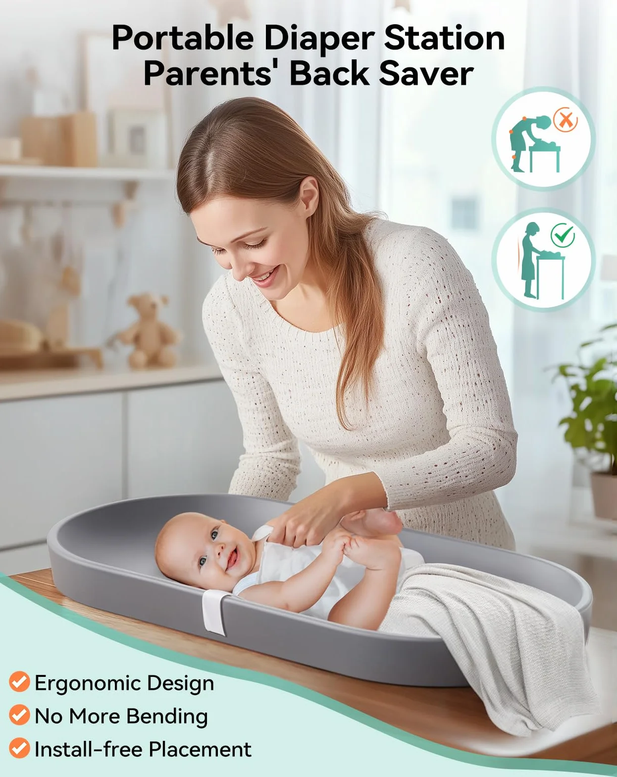 COMOMY Baby Wickelauflage Abwaschbar und Wasserdicht, Wickelunterlage auf PU-Material, Leicht und Weich Wickelmatte mit Sicherheitsgurt, 72,5x36 cm, für Kommode & Wickeltisch