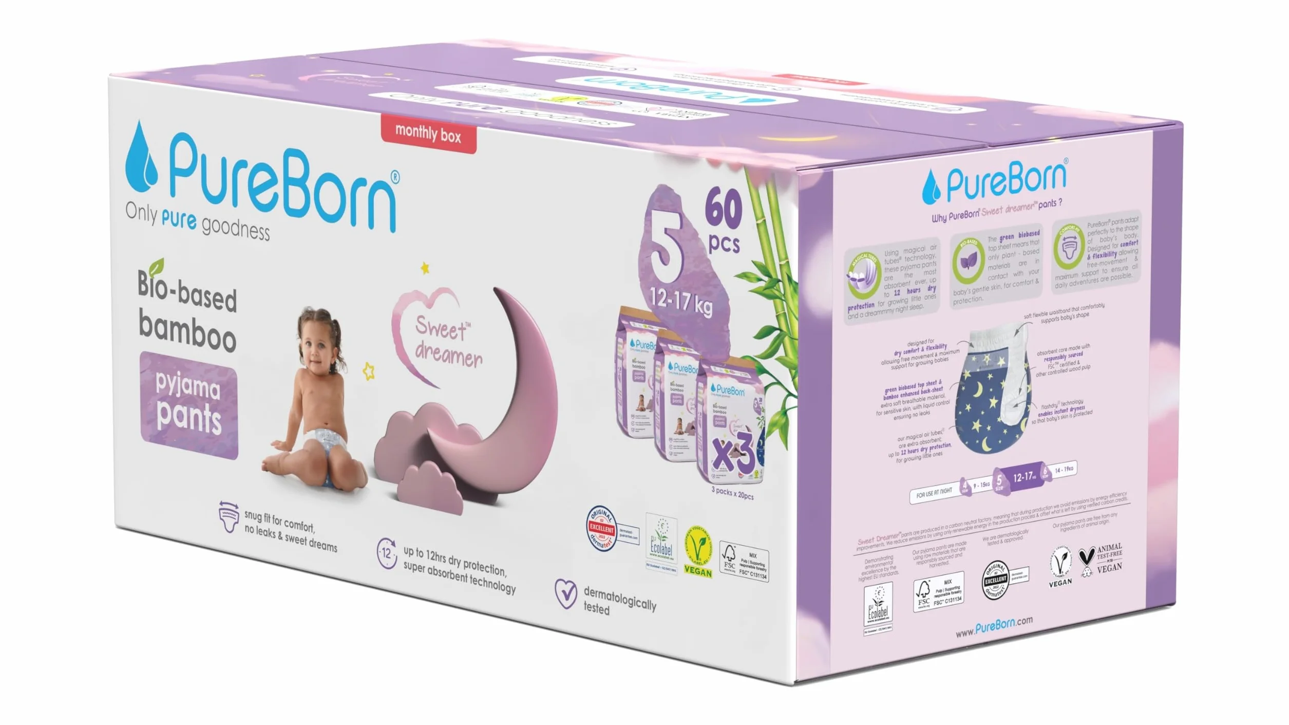 PureBorn Bio Bambus Nachtwindeln, Größe 5 (12-17 kg), 60 Stück Pyjama Windeln Pants, Auslaufschutz für die ganze Nacht, Extra Absorption, Geruchsschutz, Höschenwindeln mit Nässeindikator