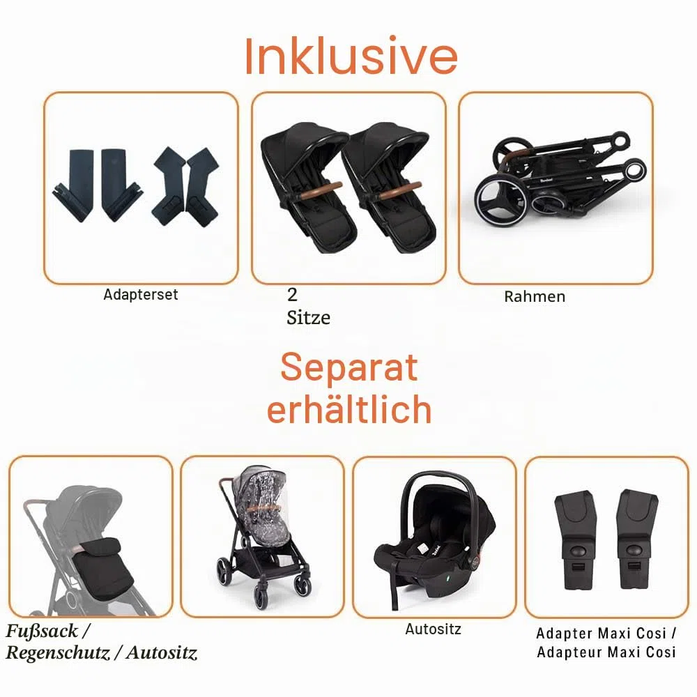 Baninni Luiz Geschwister Kinderwagen Zwillingswagen Sitz Umbaubar in Babywanne für Neugeborene, Schwarz