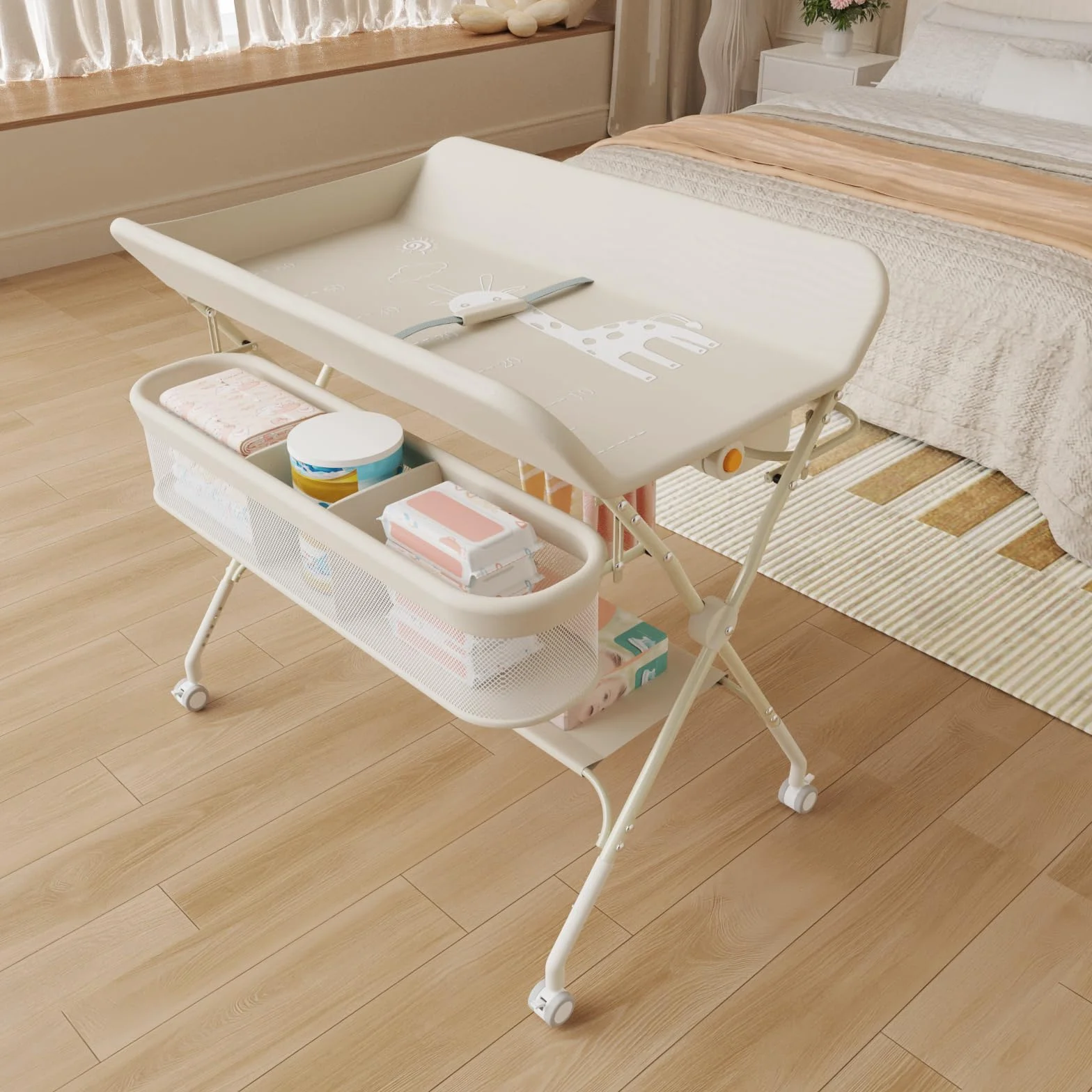 Wickeltisch, 3-in-1, Wickelkommode für Baby, von Geburt bis 12 Monate (bis 25 kg), Wickeltisch, faltbar, tragbar, Wickeltisch für Babys, mit 4 Rollen,75 x 68 x 83–91 cm (Cremeweiß)