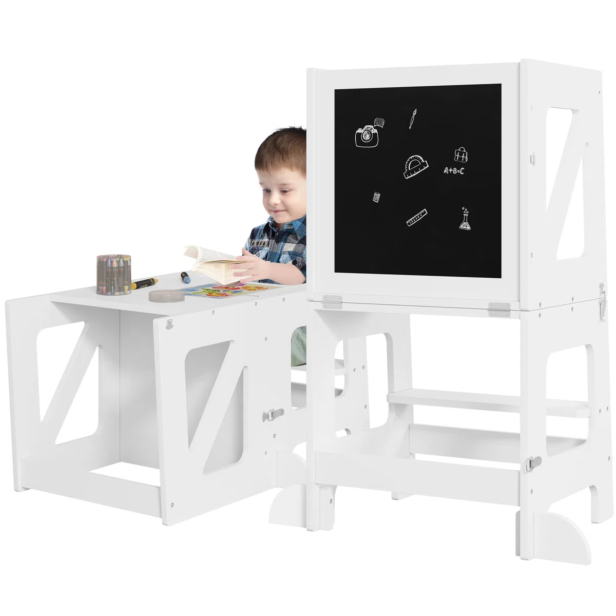 WOLTU Lernturm 3 in 1, Tritthocker Kinderhocker Kindertisch Tafel, Lernturm für Kinder, Küchenhelfer mit Rausfallschutz, faltbar, ab 3 Jahr, Weiß