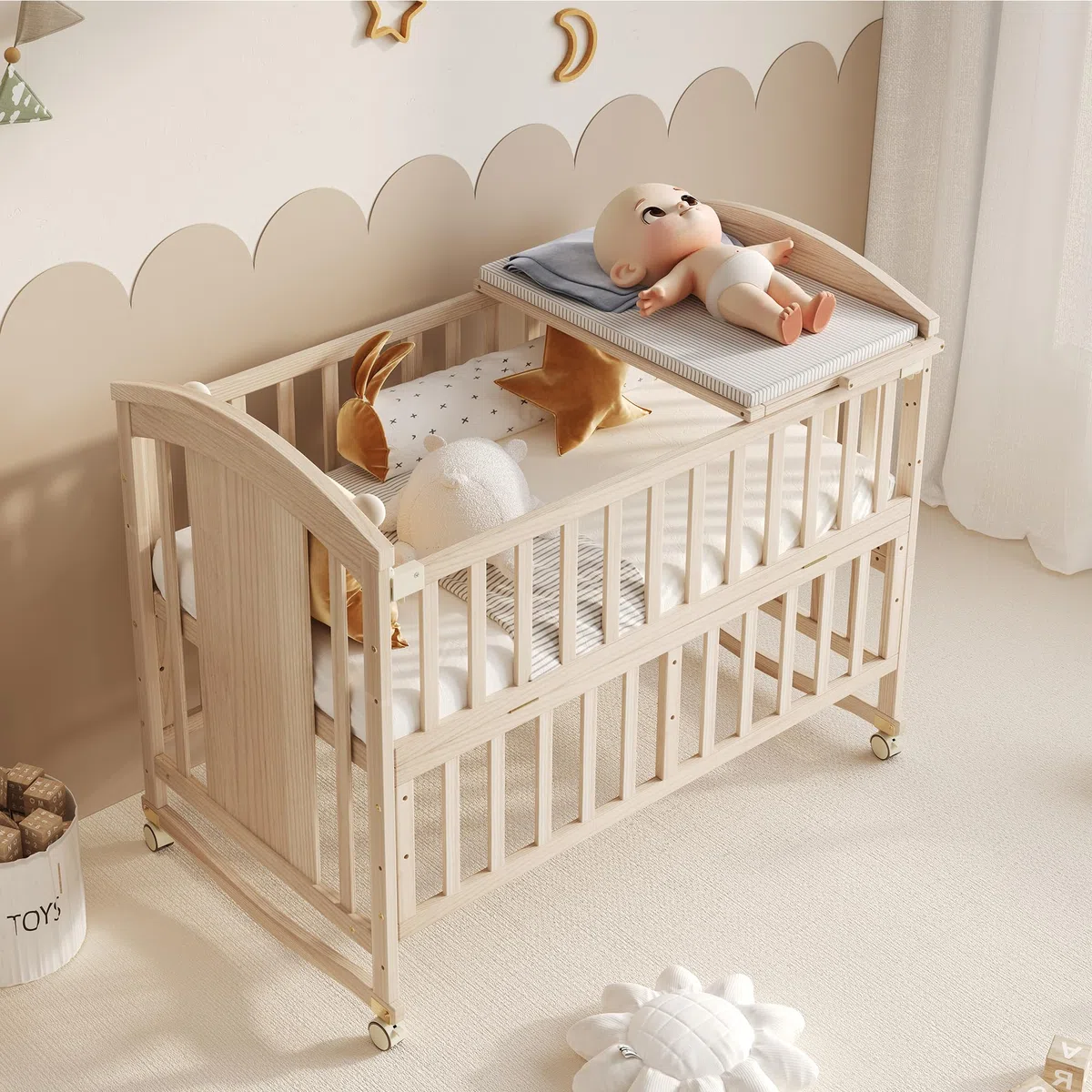 Babybett multifunktional 120x60 cm mit Wickelkommode & Rollen, ausziehbar auf 162 cm, Beistellbett mit faltbarem Regal, Baby Bett aus Holz Natur, ohne Matratze