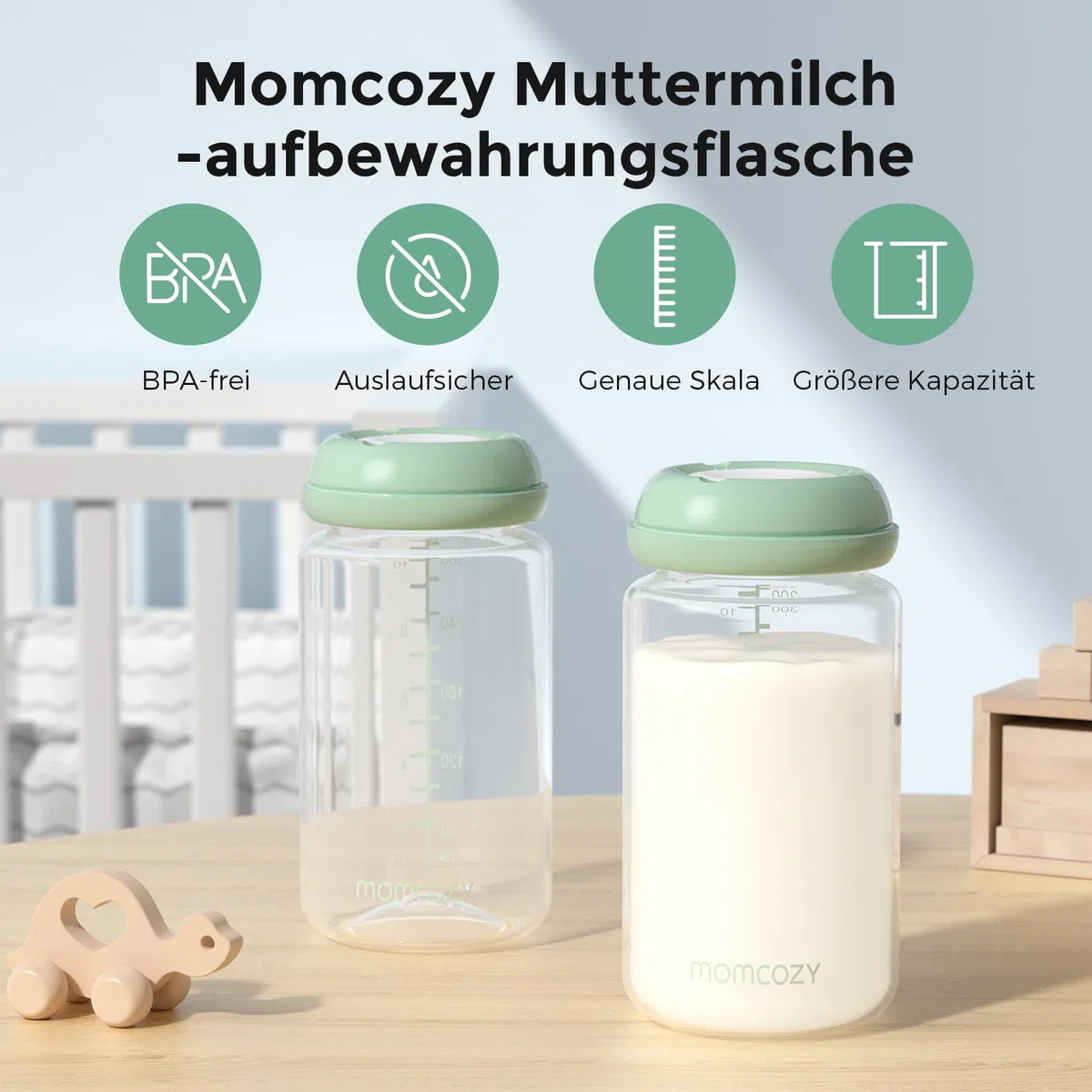 Momcozy Natürliche Baby Bottle Muttermilch Bewahrung, 330ml Breitmaul-Muttermilch-Aufbewahrungsflasche für Kühlschrank & Momcozy Muttermilch-Kühler, BPA-freie Milchsammelflaschen, Stillhilfe, 4er Pack