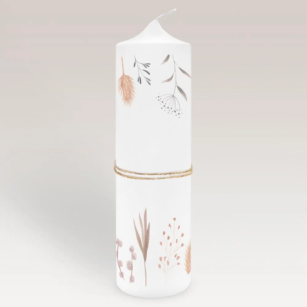 Taufkerze Mädchen Blumen modern personalisiert mit Namen & Taufspruch, online selbstgestalten, inkl. Jutebandverzierung