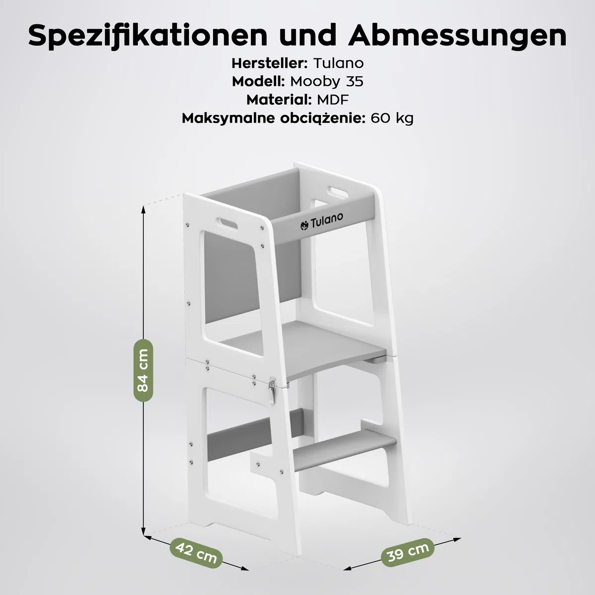 Tulano Mooby 35 Lernturm 3 in 1 für Kinder ab 1 Jahr - Stabil bis 60kg | Montessori Kitchen Helper umbaubar zu Tisch mit Stuhl & Maltafel - Kindermöbel aus MDF - Tritthocker Küche - Grau