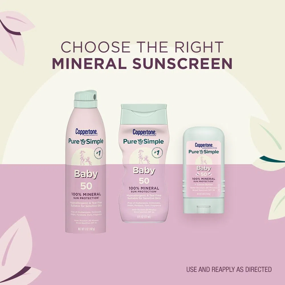 Coppertone Pure and Simple Baby Sonnenschutzlotion LSF 50, Zinkoxid, mineralischer Sonnenschutz für Babys, hypoallergen und reißfrei, 180 ml Flasche