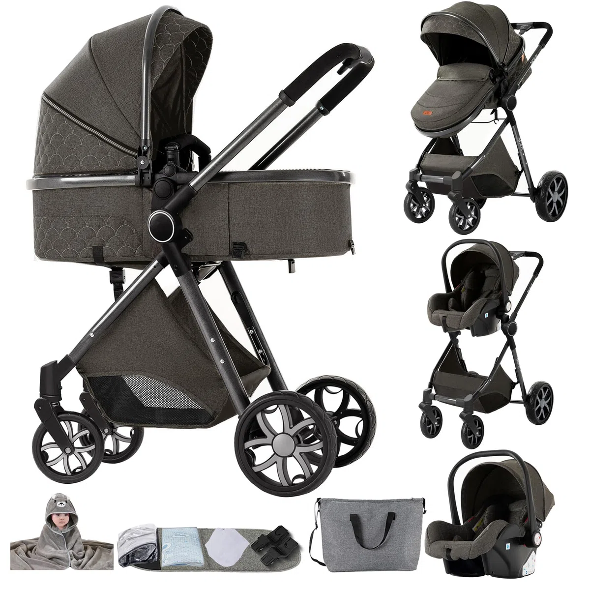 Kinderwagen 3 in 1, Buggy mit Umkehrbarem Zwei-Wege-Schub, Kinderwagen Faltbarem Tragbarem One-Click-Design, Kinderwagens 3 in 1 Komplettset mit Zubehör Hohe Landschaft (YV9 Deep Grey)
