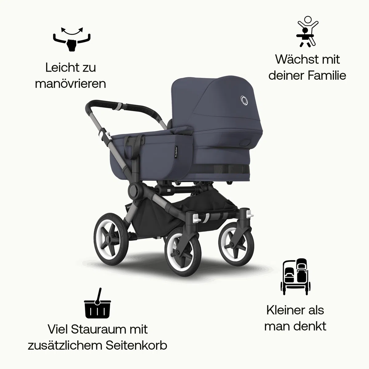 Bugaboo Donkey 5 Mono Kinderwagen, umbaubar zum Doppel- oder Zwillingskinderwagen, Graphit/Stormy Blue