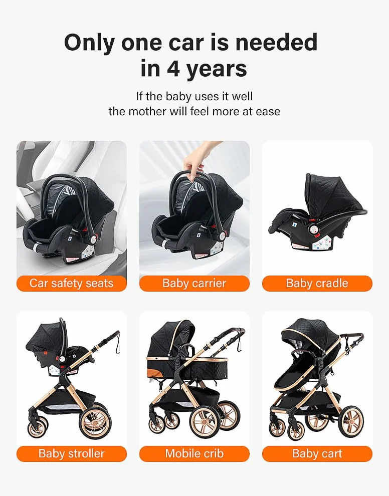 kinderwagen 3 in 1, Zusammenklappbarer Kinderwagen KombiKinderwagen Aluminiumrahmen für Neugeborene Getränkehalter Moskitonetz Regendecke Sitz Windelbeutel (3 in 1 XX1 Creme)