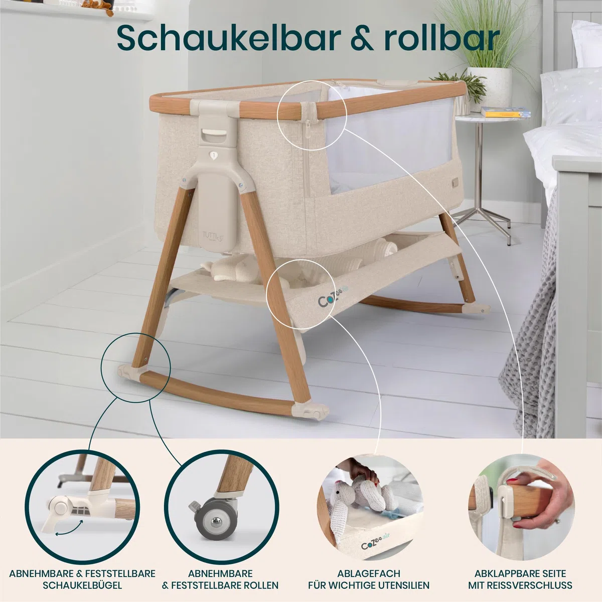 Tutti Bambini CoZee Air Beistellbett Baby Reisebett mit Matratze Kompakt faltbar Atmungsaktive Matratze 6-fache Höhenverstellung 0-6 Monate Walnuss Naturweiß