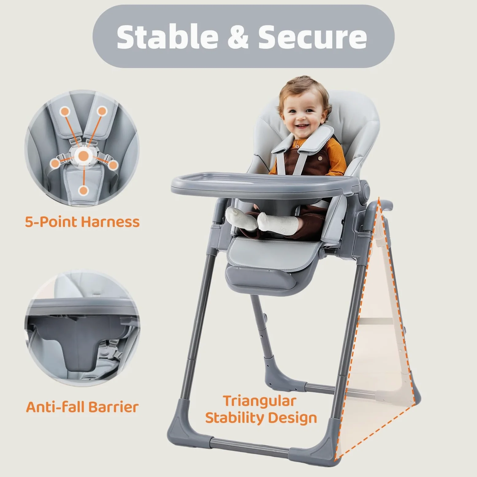 Baby Hochstuhl Klappbar & Höhenverstellbar, Komfort Kinderhochstuhl mit Liegefunktion, Faltbarer Hochstuhl mit Tablett, 5-Punkt-Gurt & Rollen, Platzsparend (Grau)