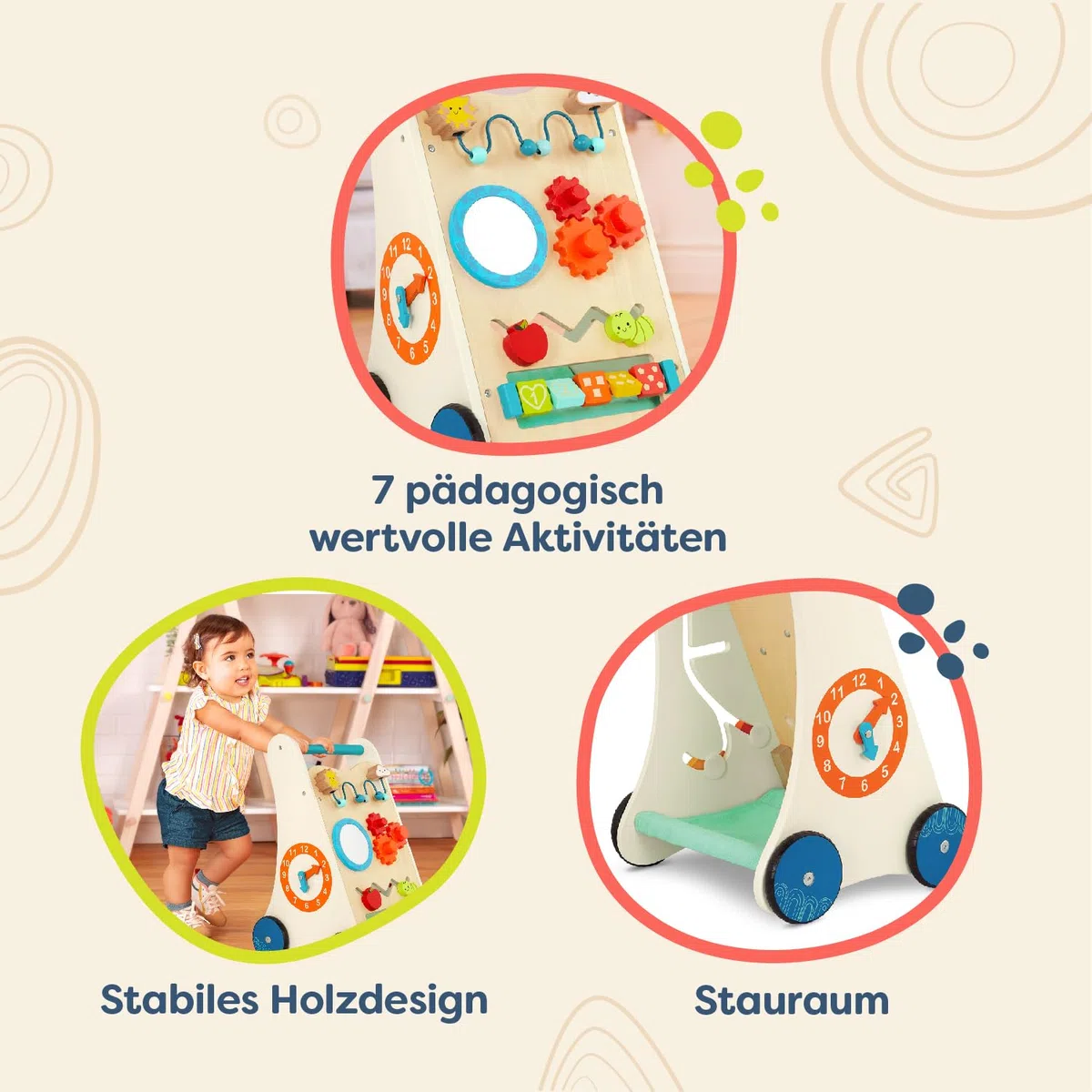 B. toys - Kleine Lernschritte - Activity Walker aus Holz - 7 Bildungsaktivitäten - Lern- und Laufspielzeug für Kleinkinder, Kinder - Stehen, Schieben, Gehen - 1 Jahr +