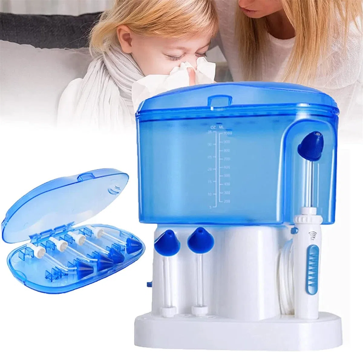CEEBUS Elektrische Nasenspülung, 1000-ml-Nasenreinigungsmaschine mit 4 Ausläufen, Nasenspülreiniger zur Linderung von Nebenhöhlen und Allergien, geeignet für Kinder und Erwachsene