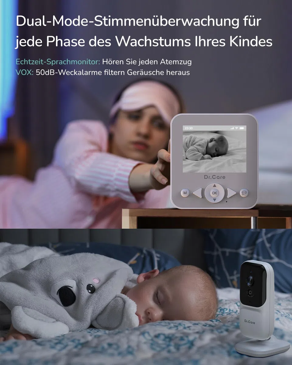 Dr.Care NeoView Video-Babyphone – 2,8" Display, 2-Wege-Audio, Video-Schleifenaufnahme, Nachtsicht, VOX, Temperatursensor, Schlaflieder, Gürtelclip, bis 128GB
