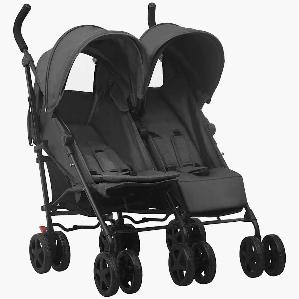 vidaXL Geschwisterwagen mit 12 Rädern Korb Traggürtel Zusammenklappbar Verstellbar Kinderwagen Zwillingswagen Zwillingsbuggy Buggy Anthrazit Stahl