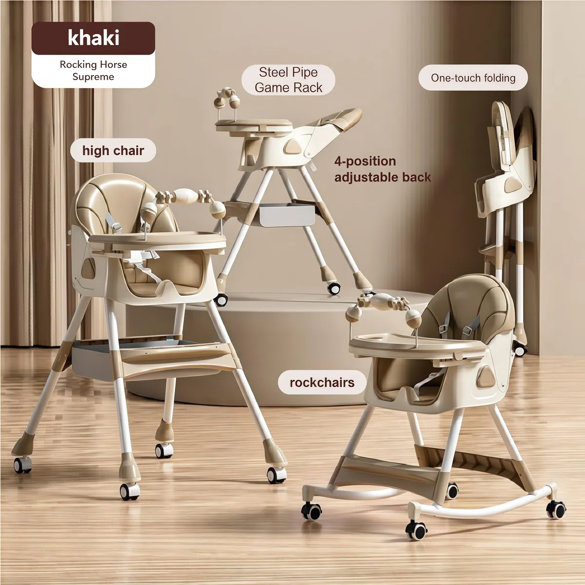 MoLi PU-Leder Hochstuhl Baby mit Schaukelfunktion, Hochstuhl mit Rädern, Verstellbarer und Leicht Zusammenklappbarer Kinderhochstuhl, Hochstühle mit Doppeltablett (560 Khaki)