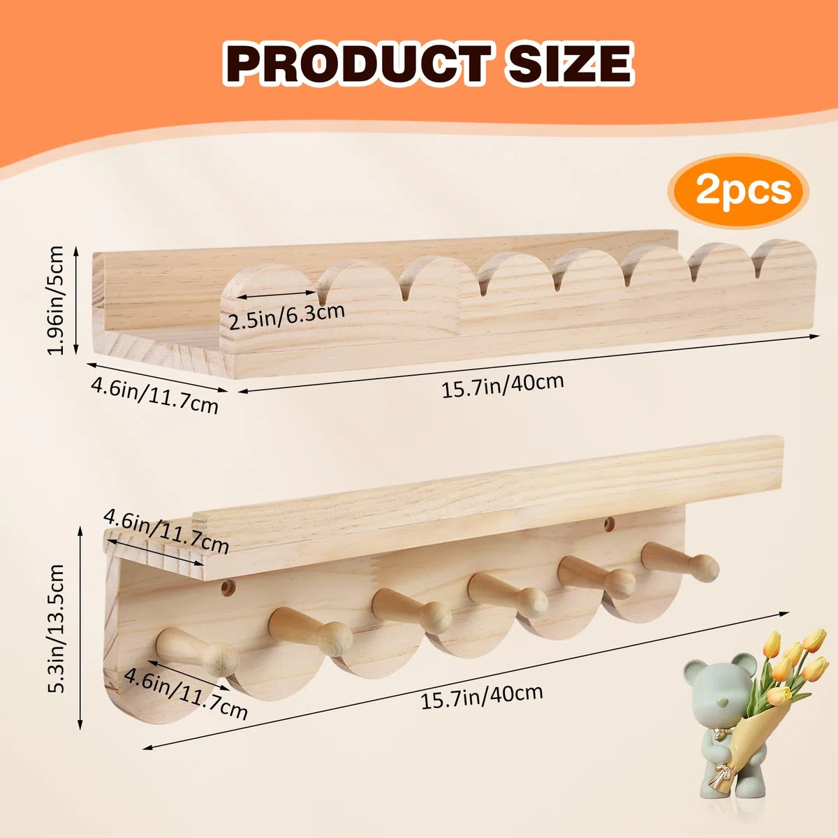 3er Set Bücherregal Kinder Wand, Wandregal Kinderzimmer 40cm, Holz Wandregal Bücher Schweberegale mit Holzhaken für Spielzimmer Schlafzimmer Wohnzimmer,Montessori Regal