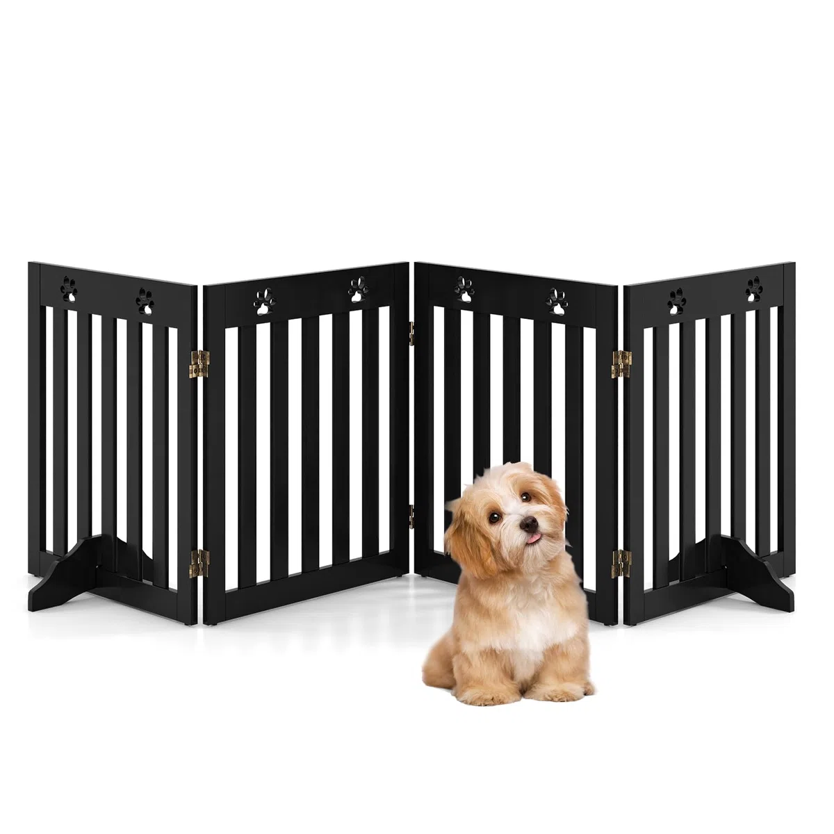 COSTWAY Absperrgitter Hunde, Schutzgitter Holz, Kindergitter klappbar, Treppengitter 60cm Hoch, Hundeabsperrgitter flexibel Türschutzgitter (4 Paneelen, Braun)