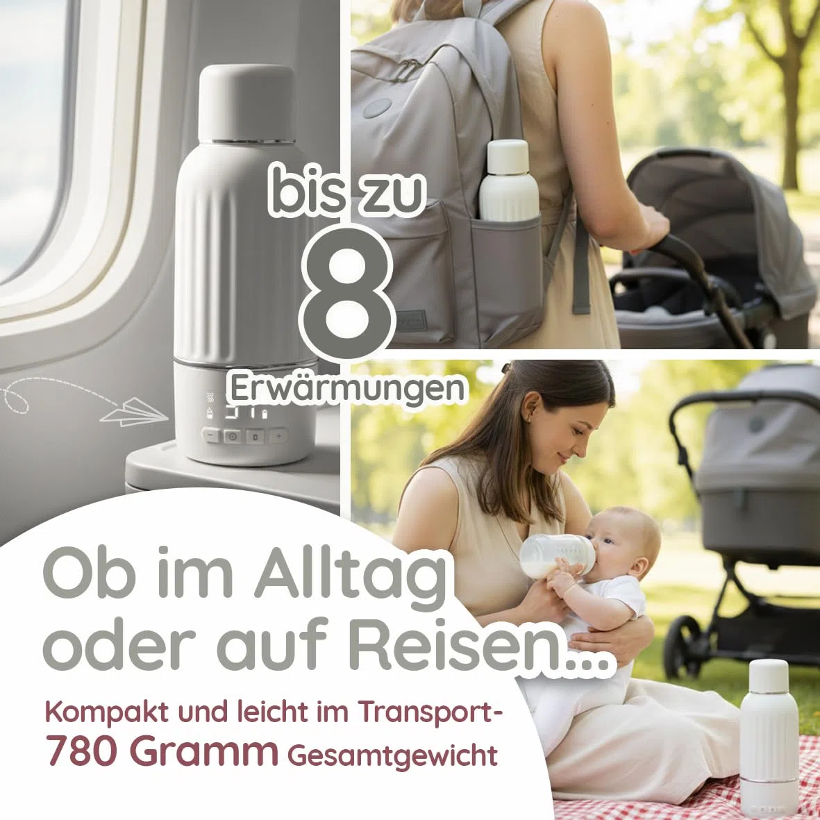 Baby Flaschenwärmer 500ml BPA frei & Sterilisation Schnellaufheizen in 3 Min tragbarer Milchwärmer & Muttermilch Erwärmer mobiler Wasserwärmer Portable Warmer mit Akku (matt weiß)