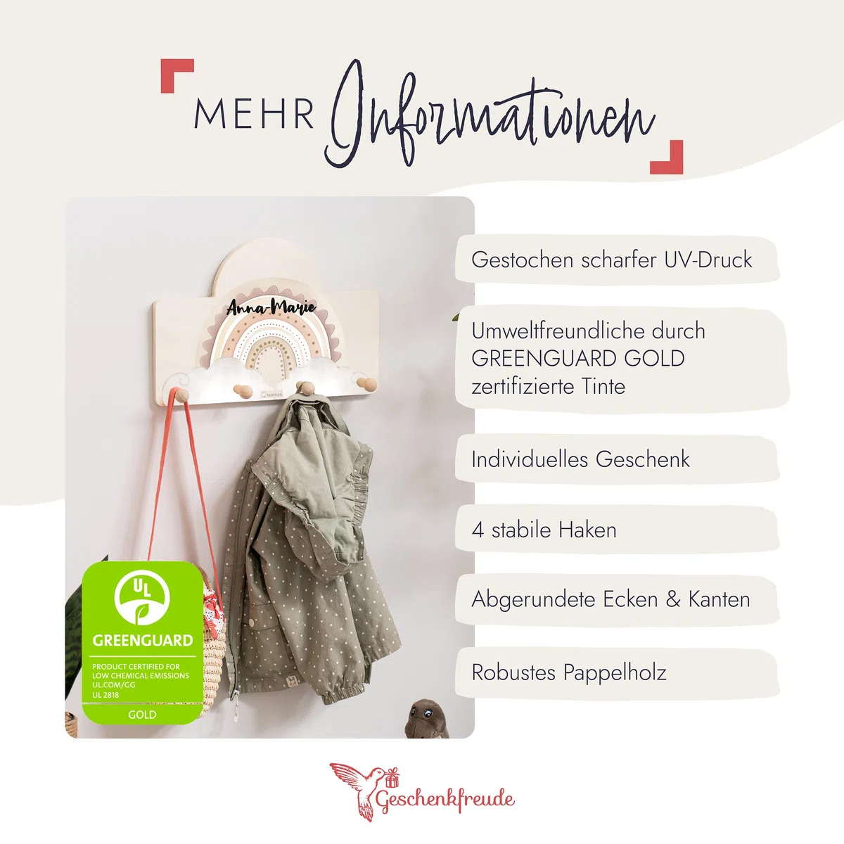 Geschenkfreude Personalsierte Kindergarderobe mit Namen aus Holz - Kinder Garderoben Regenbogen rosa - einzigartige Kinderzimmer Deko - Wandgarderobe - Baby Garderobe - Kleiderhaken für Kinder