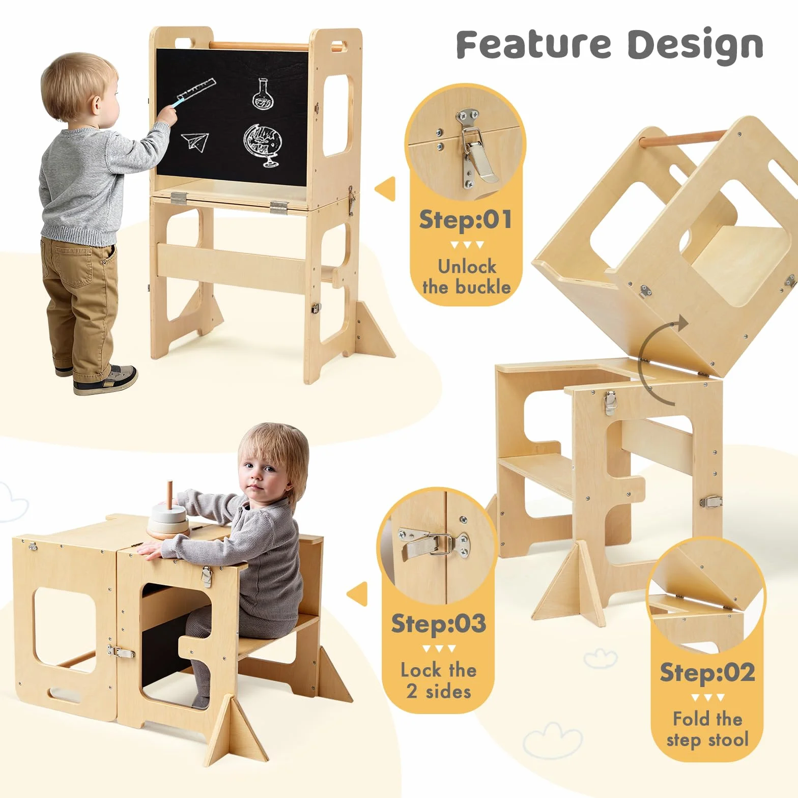 Labebe Lernturm für Kinder, Faltbarer Montessori Learning Tower, 3 in 1 Tritthocker Lernstuhl Kinderhocker mit Tafel, Montessori Küchenhelfer Lernturm ab 18 Monate (Holz)