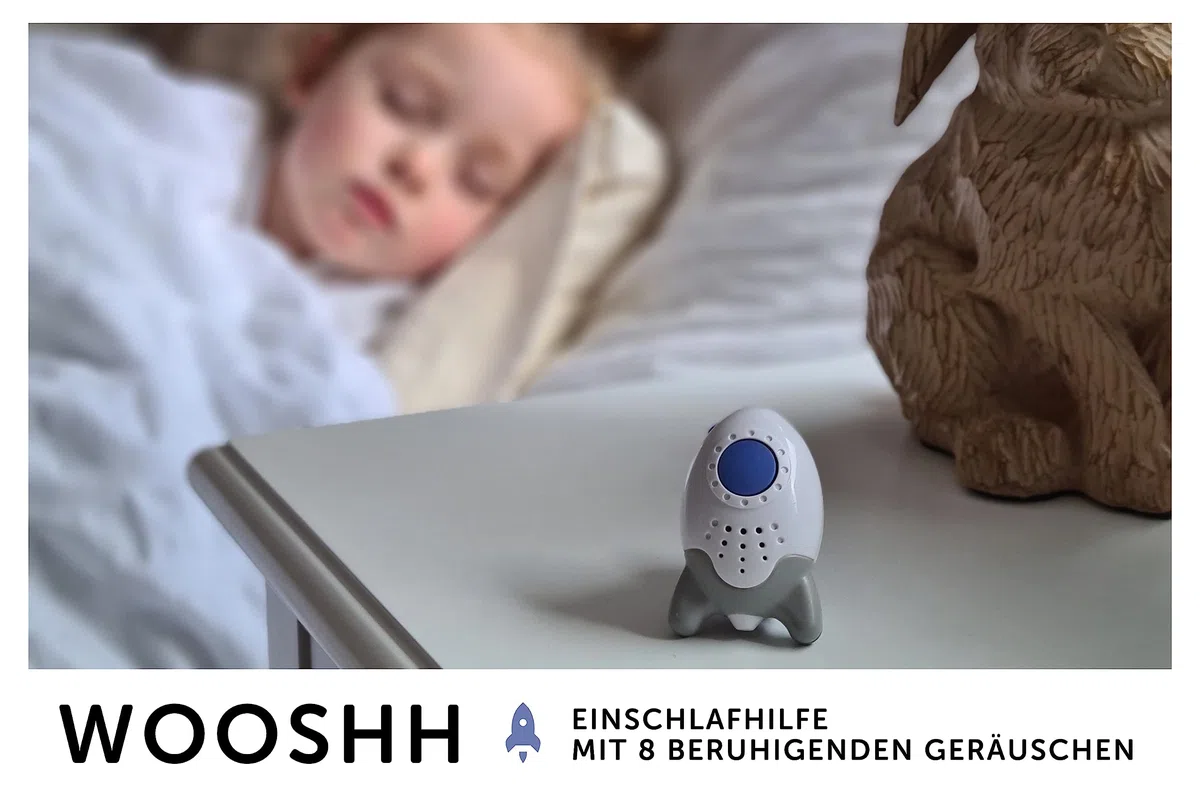 Wooshh by Rockit Rocker - wiederaufladbarer, tragbarer Schlafberuhiger/Einschlafhilfe mit 8 beruhigenden Geräuschen, 4 Lautstärkestufen, Ständer, Clip oder Riemen, extra klein für die Hosentasche