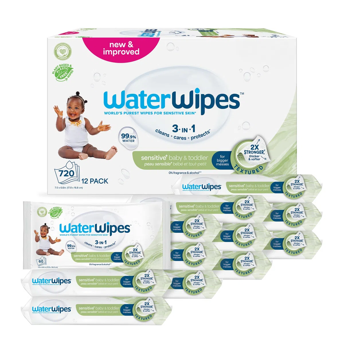 WaterWipes Sensitive+ Baby & Toddler Wipes, Baby- und Kleinkind-Feuchttücher, 720 Stück (12 Packungen), 3-in-1-Reinigung, Pflege, Schutz, 99,9% Wasser, strukturierte Reinigung, parfümfrei