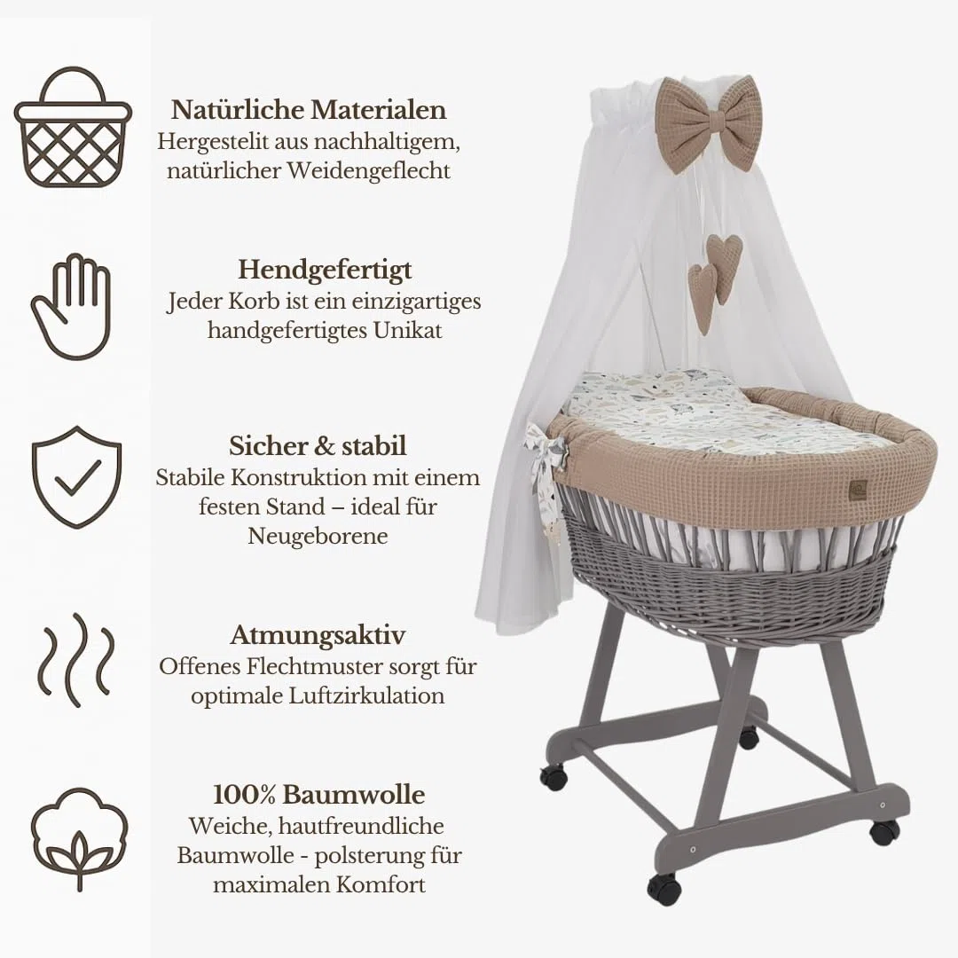 Wiklinopol Stubenwagen aus Weide mit Baldachin und Gestell Lena – Moseskorb in Grau, Komplettset mit 5-TLG. Waffel-Bettwäsche Kaninchen Beige – Mit Rollen, Tragbar, Sicher