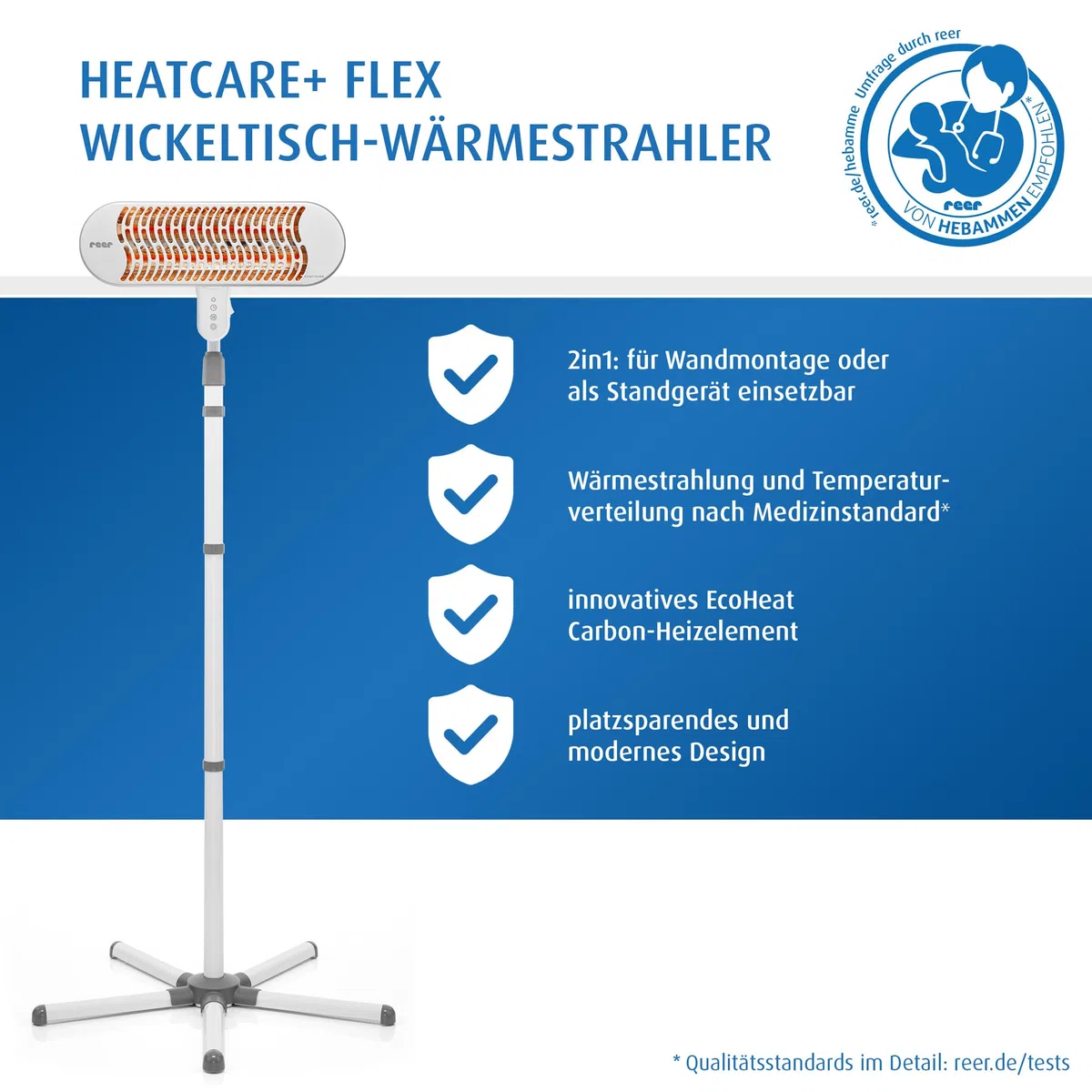 reer HeatCare+ Flex Wickeltisch-Wärmestrahler | EcoHeat Carbon Heizelement | Infrarot-Heizstrahler mit Standfuß & neigbarem Kopf | Wärmespender für Babys | Energiesparend | 2in1 Wand- oder Standgerät