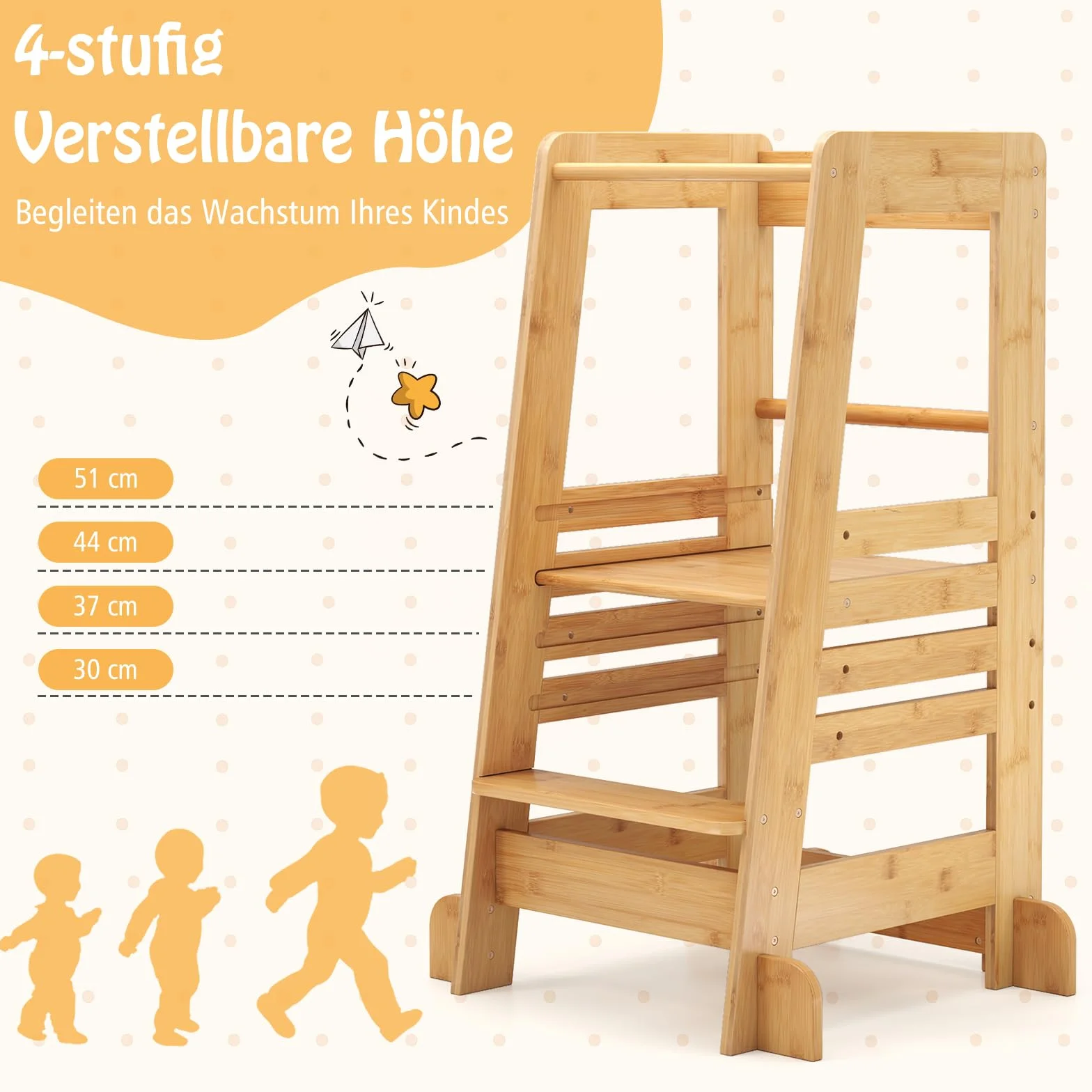 COSTWAY Lernturm Kinder aus Bambus, Tritthocker Montessori mit 4 verstellbaren Höhen & Sicherheitsgeländer, Trittleiter bis 70 kg Belastbar, Trittschemel für Kinder ab 1 Jahren, Natur