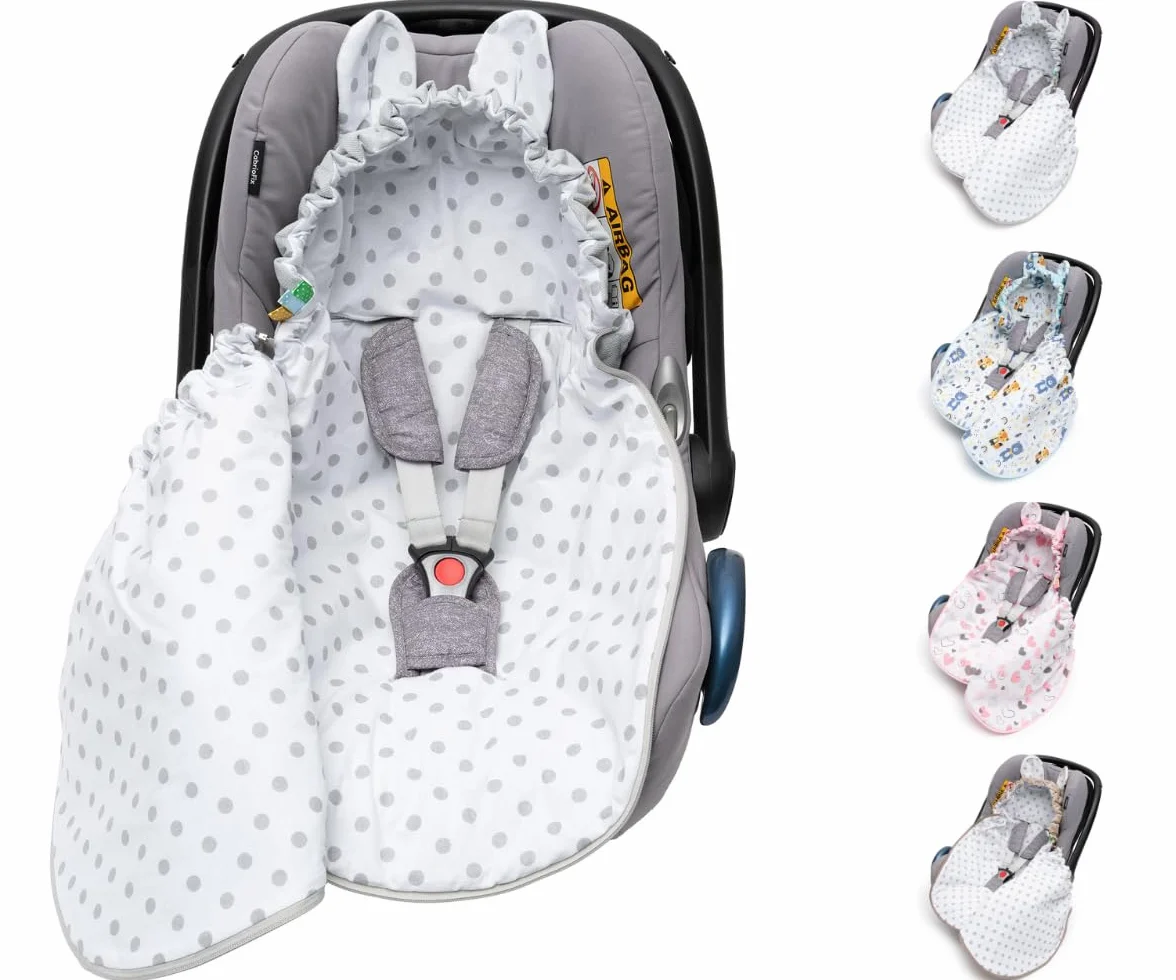 Mikos Einschlagdecke Babyschale Sommer mit Kapuze für Neugeborenes, für Kindersitz Kinderwagen, Autositz, z.B. für Maxi-Cosi, 3-Punkt Gurt Grau Pucksack für Babys, Kinderautositz (51)