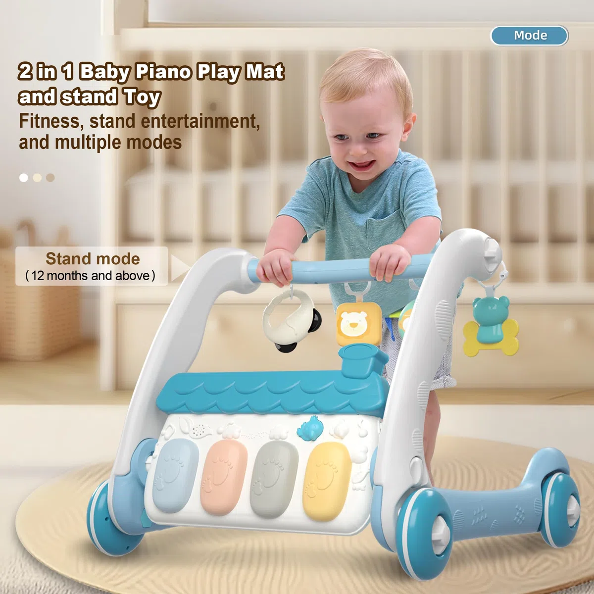 Baby-Piano-Spielmatte, Aktivitäts-Fitnessstudio und Aktivitätscenter-Fitnessstudio, 2 in 1 (Blue)